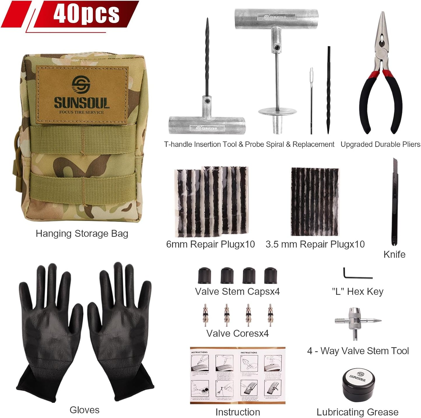 SUNSOUL Portable Tire Repair Kit with Plugs, Heavy Duty Tire Plug Kit, 40PCS Flat Tire Emergency Repair Tool for Car, Motorcycle, Truck, ATV, UTV, RV, Tractor