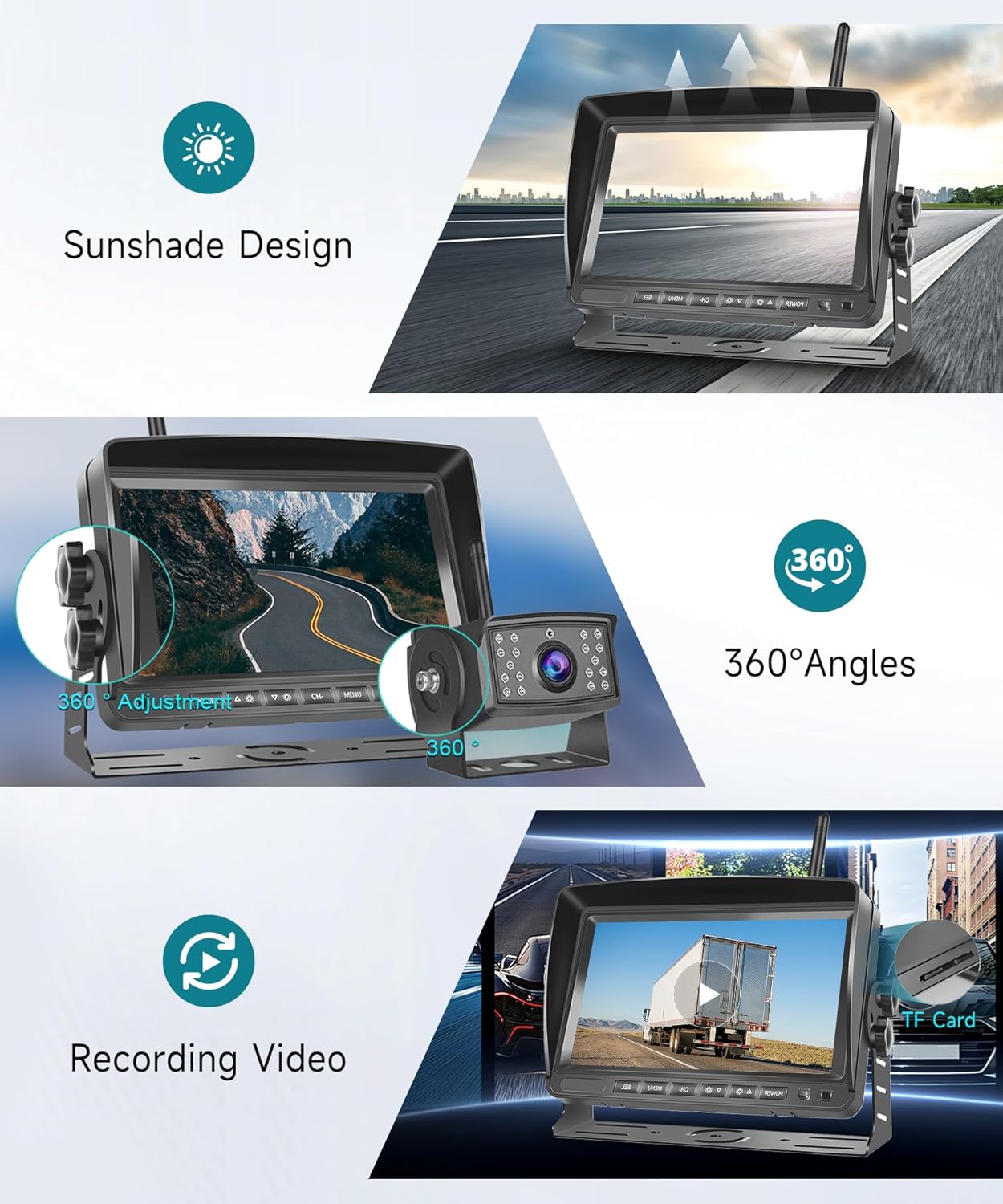 Wireless Backup Camera for RV, 7" IPS Monitor Kit AHD Rear View Camera Waterproof Night Vision DVR Recording, Wireless Reverse Camera 12V-36V for Truck/Trailer/RV/Camper/Excavator/Caravan