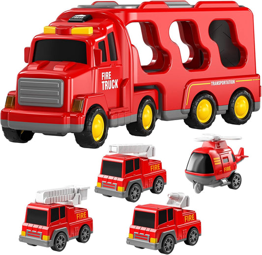 TEMI Fire Toys for 3 4 5 6 Years Old Boys Girls - 5 in 1 Carrier Truck Transport for Toddlers 1-3, Friction Powered Vehicles for Kids 3-5, Christmas Birthday Gifts - Age 3-9