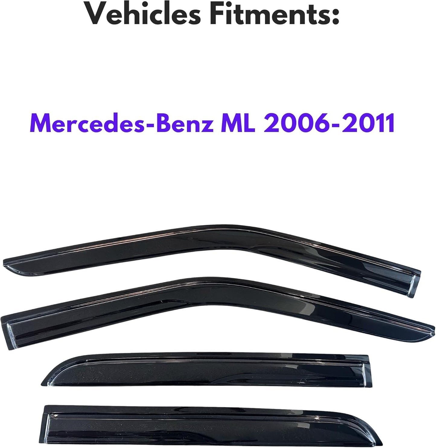 KPY Window Visor Compatible with Mercedes-Benz ML 2006-2011, 4PC Rain Guard Side Window Vent Deflectors Tape-On Mugen Style, 2006 2007 2008 2009 2010 2011