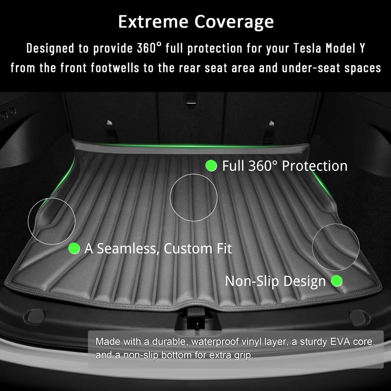 Floor Mats for Tesla Model Y（2021-2025） Custom Fit All Weather Cargo Liner Cargo Trunk，Full 360° Cabin Protection，GapZero Fit with TrackGuard Rail Protection (Does NOT fit 7-Seat & Juniper)