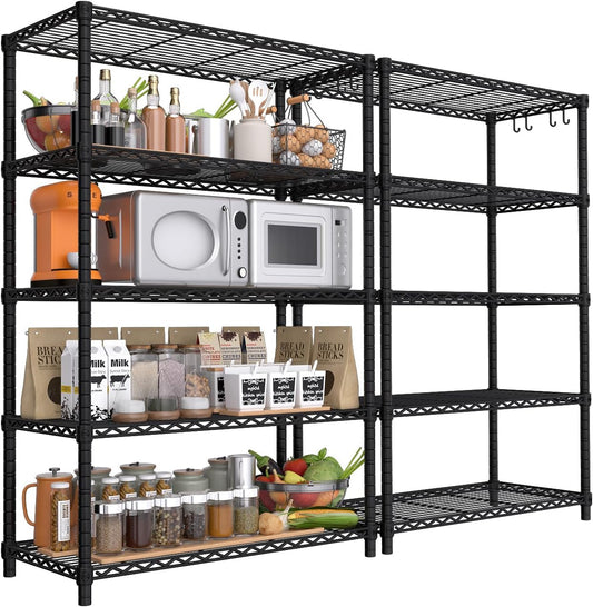 PrimeZone Wire Metal Storage Shelves - 5 Tier Adjustable NSF Certified Heavy Duty Garage Shelving Unit Organizer Rack, Steel Utility Shelf for Kitchen, Pantry, 35.5" W x 14" D x 72" H, Black, 2 Packs