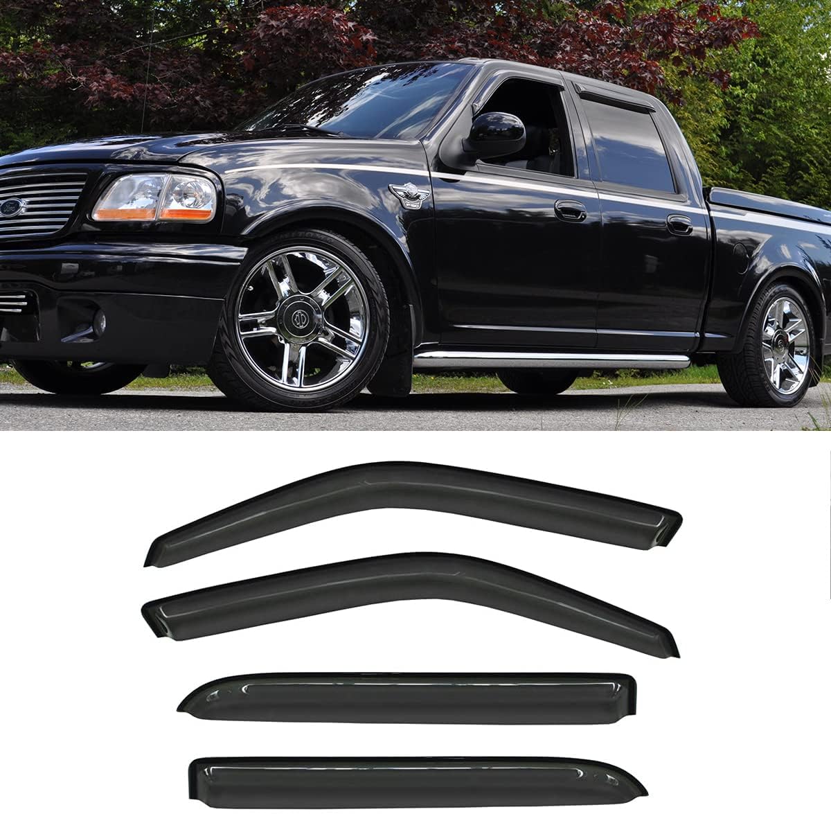 94949 Side Window Wind Deflector,4pcs Out-Channel Tape On Dark Smoke Rain Guards, Window Visor fit for Ford F-150 2001-2003 Crew(SuperCrew) cab Pickup,2002-2003 Lincoln Blackwood