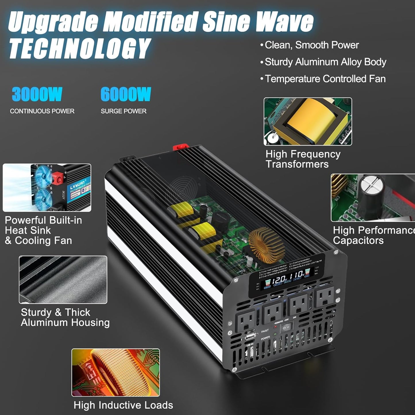 LVYUAN 3000 Watt Power Inverter 12V to 110V 120V for Vehicle, Solar Inverter System, Heavy Duty, RV, Truck, Off Grid,Camping with 4 AC Outlets, LCD Display, Wireless Remote Control, Car Power Inverter