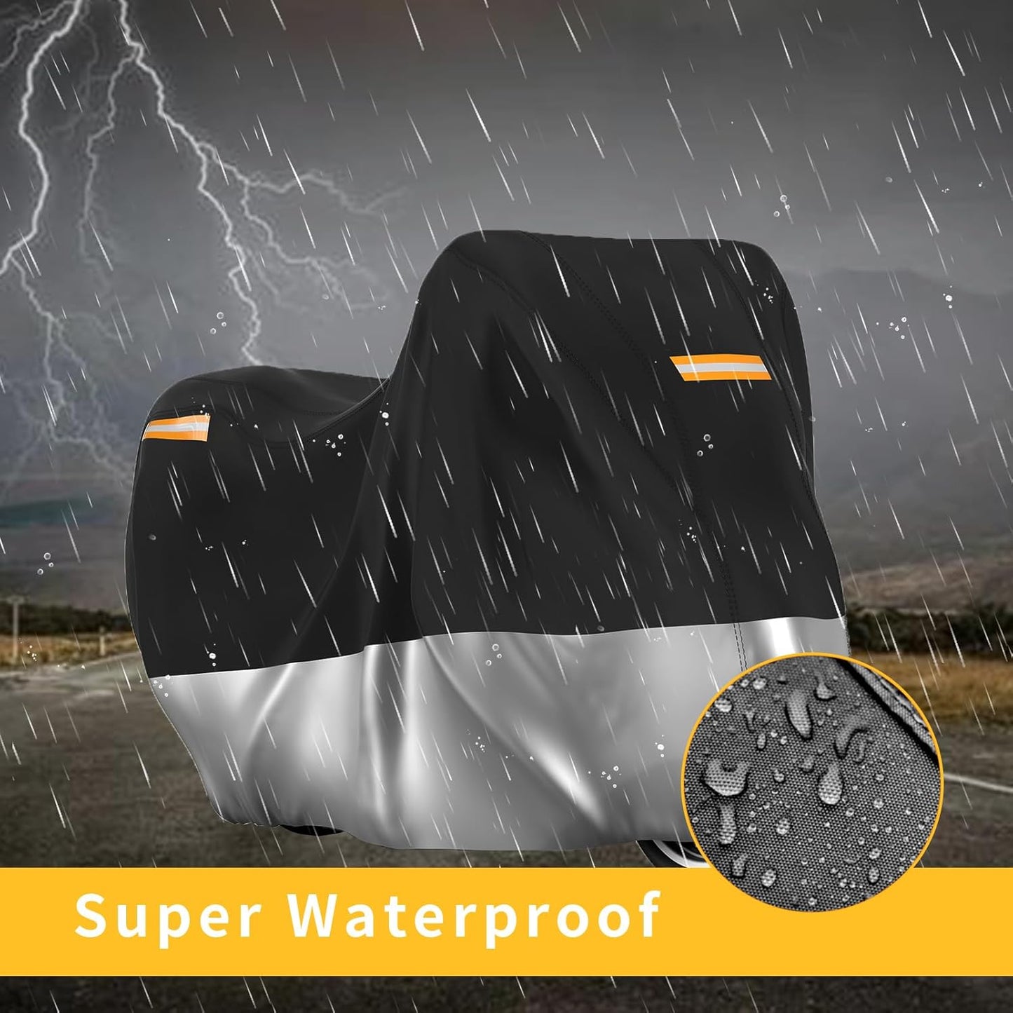 Motorcycle Cover All Season Waterproof Breathable Sun Outdoor Protection Three Reflective Tape with Lock-Holes & Storage Bag Bike Scooter Cover Universal (Silver and Black, 104''*41''*50'')
