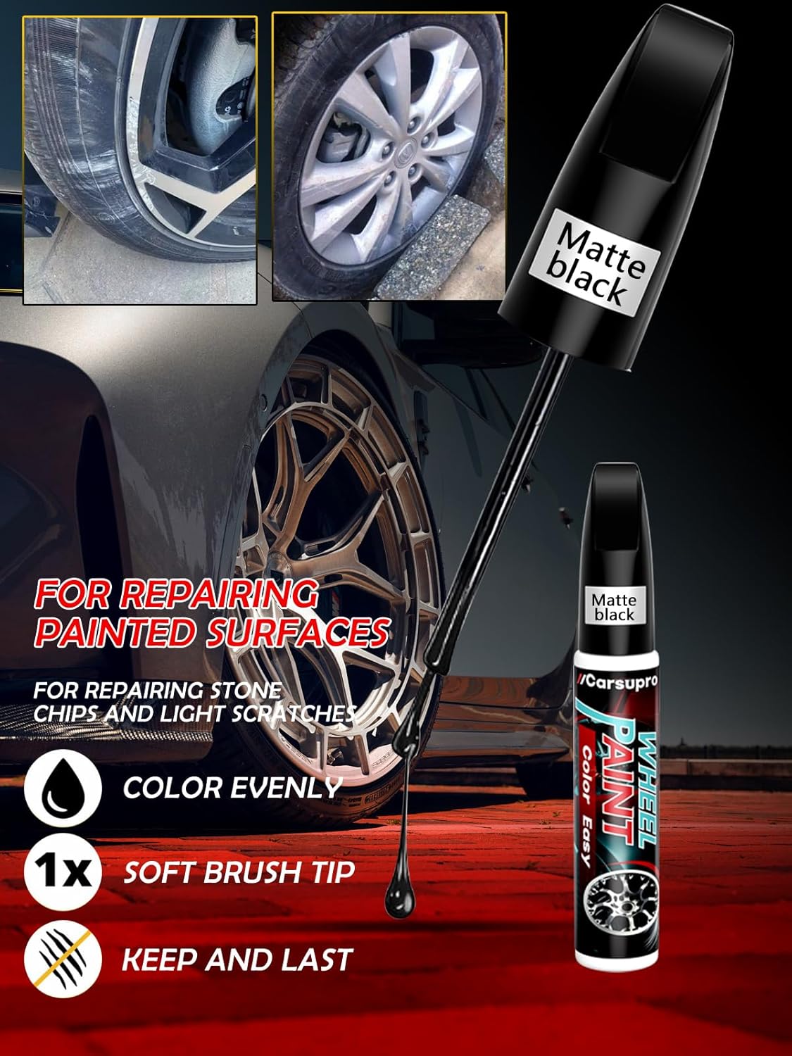 Gloss Black Wheel Repair Kit | Touch Up Paint Pen for Rim Scratches & Curb Rash | Quick-Dry, 2X Adhesion on Alloy/Chrome Wheels