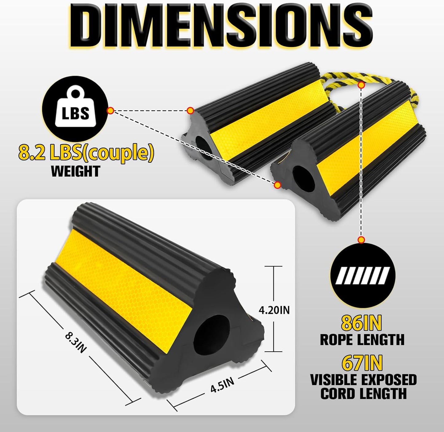 Heavy-Duty Wheel Chocks with Extra-Long Safety Rope (86") - 2-Pack Reflective Rubber Blocks for Trailers, Trucks, Campers & Garage Use (1pair/2pack with Rope)