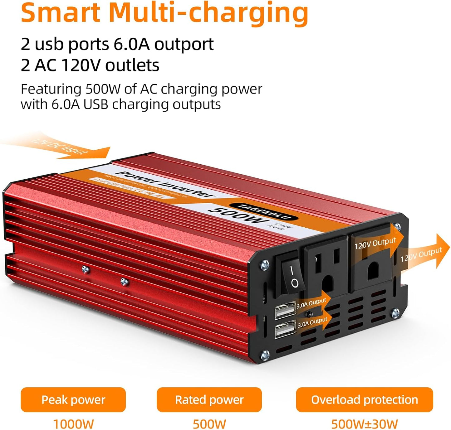 500W Power Inverter DC 12V to 110V/120V AC Car Inverter with 2 x 3.0A USB Ports and Dual AC Outlet, Equipped with 1 Cigarette Lighter and 2 Battery Clamps for Road Trip and Camping