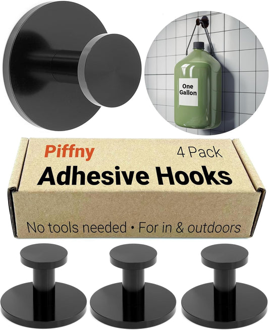 Round Adhesive Hooks for Hanging Towels, Clothes, Keys, and Robes in The Bathroom, Shower, Closet, Kitchen, and on Doors, Cabinets, and Countless Other Places - Black - 4 Pack