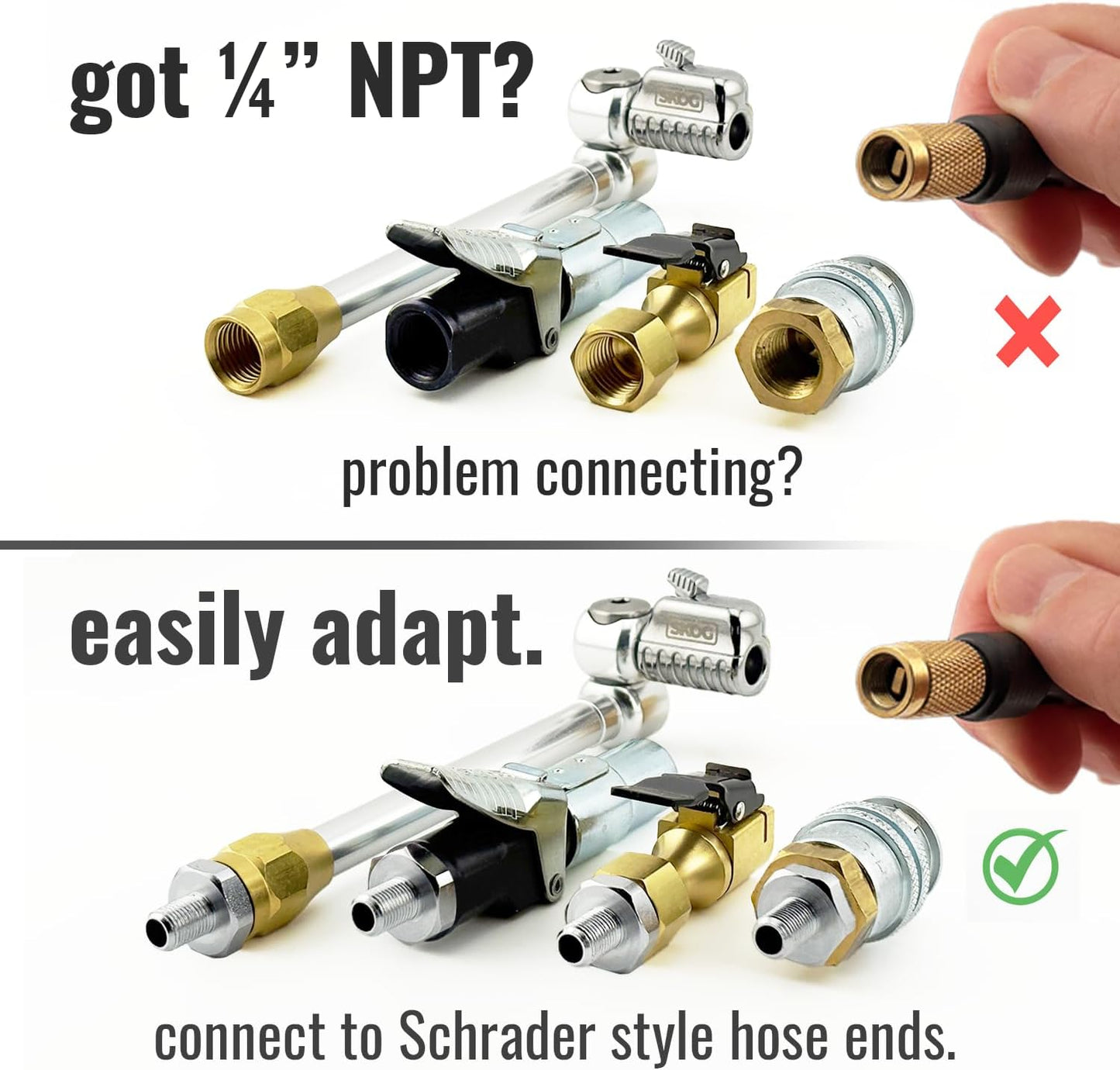 Self-Sealing Tire Inflator Adapter (1 Pack) – 1/4” NPT Male to Schrader Valve, Leak-Free O-Ring, No Tape Needed