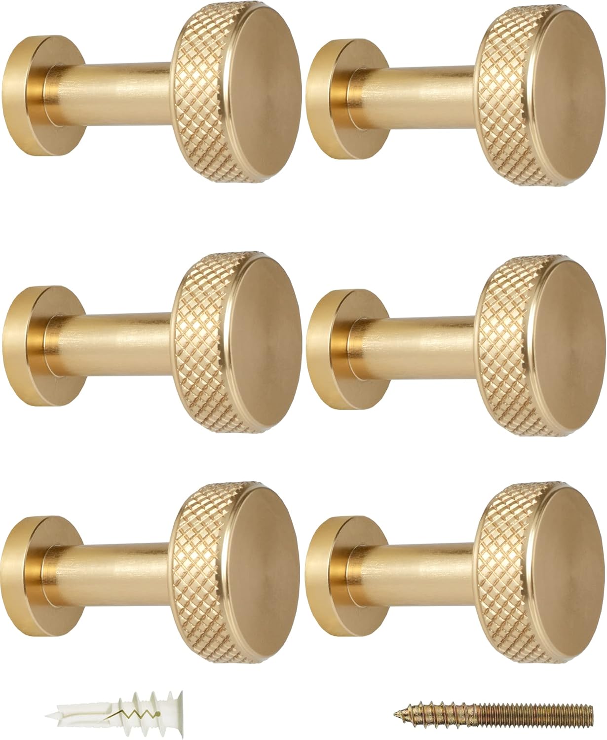 Screw Mount Round Hooks Constructed of Stainless Steel for Towels, Robes, Hats, Jackets in The Bathroom, Bedroom, Kitchen, Entry, and Backyard BBQ Pool Deck - Knurled Gold, 6 Pack