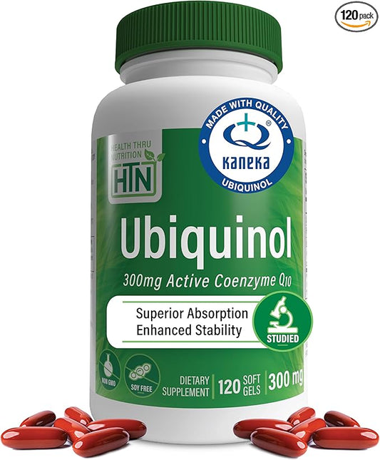 Health Thru Nutrition Ubiquinol 300mg 120 Softgels as Kaneka QH Reduced CoQ-10 | Stabilized - 3rd Party Tested | Enhanced Bioavailability | Cardiovascular & Mitochondria Function Support | Non-GMO