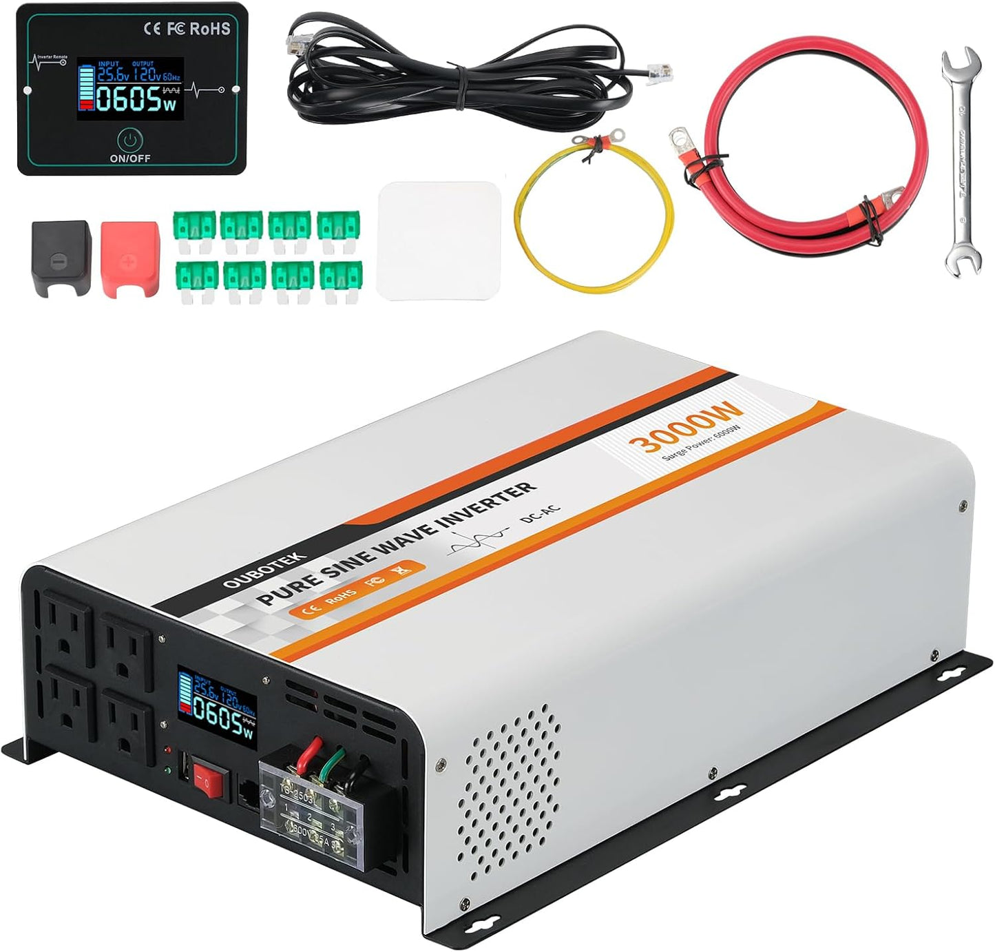 3000 Watt Pure Sine Wave Inverter 24V DC to 120V AC Converter for Truck Boat Camping Outdoor Solar System, 3000W Power Inverter with LCD Display, Remote Controller, USB Port, 4 AC Outlets