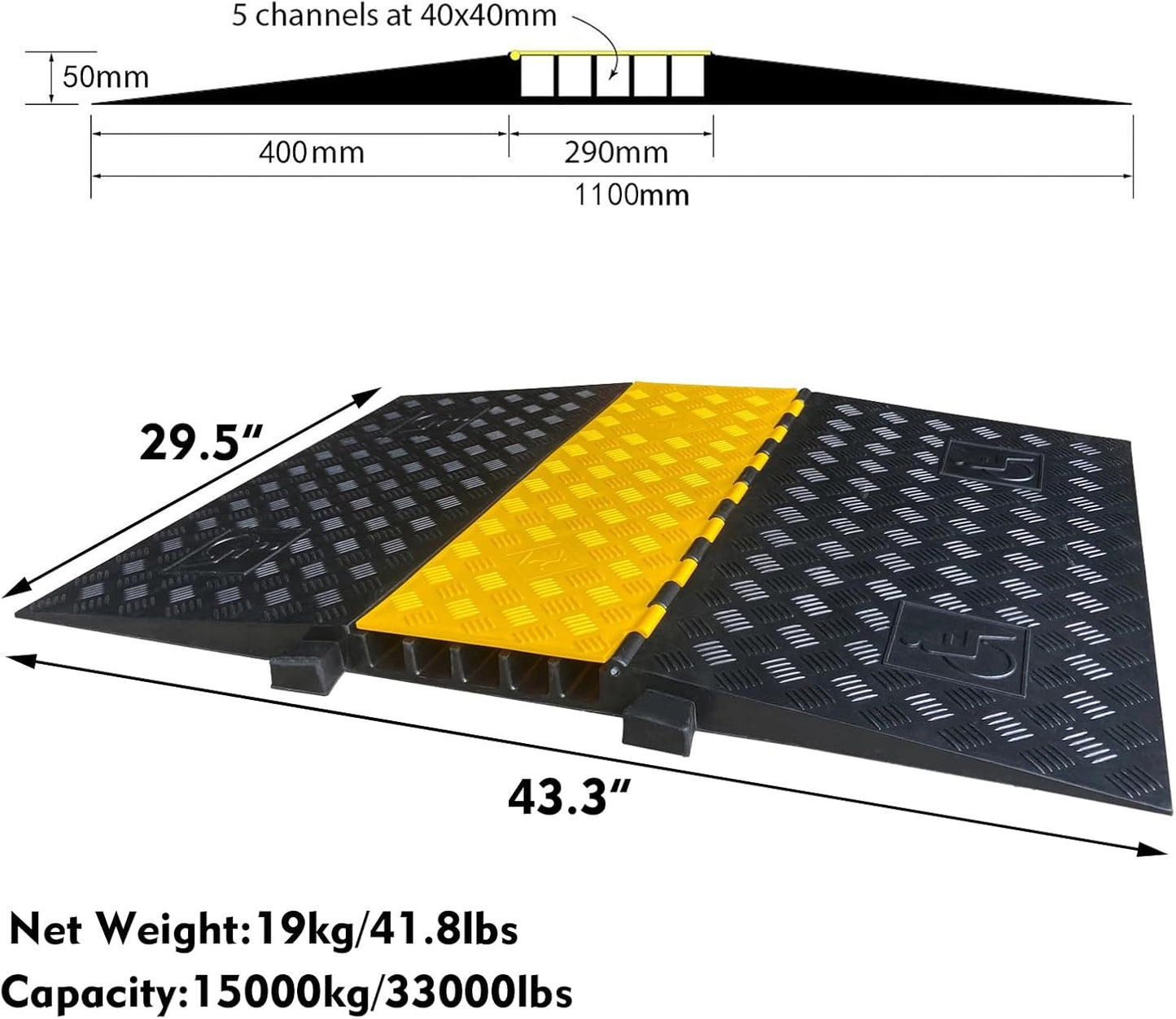 Rubber Cable Ramp 5 Channel Drive Over Hose Cable Protector Outdoor 22000Lbs Load Capacity Wires Power Lines Extension Cord Cover Traffic Speed Bump 1 Pack