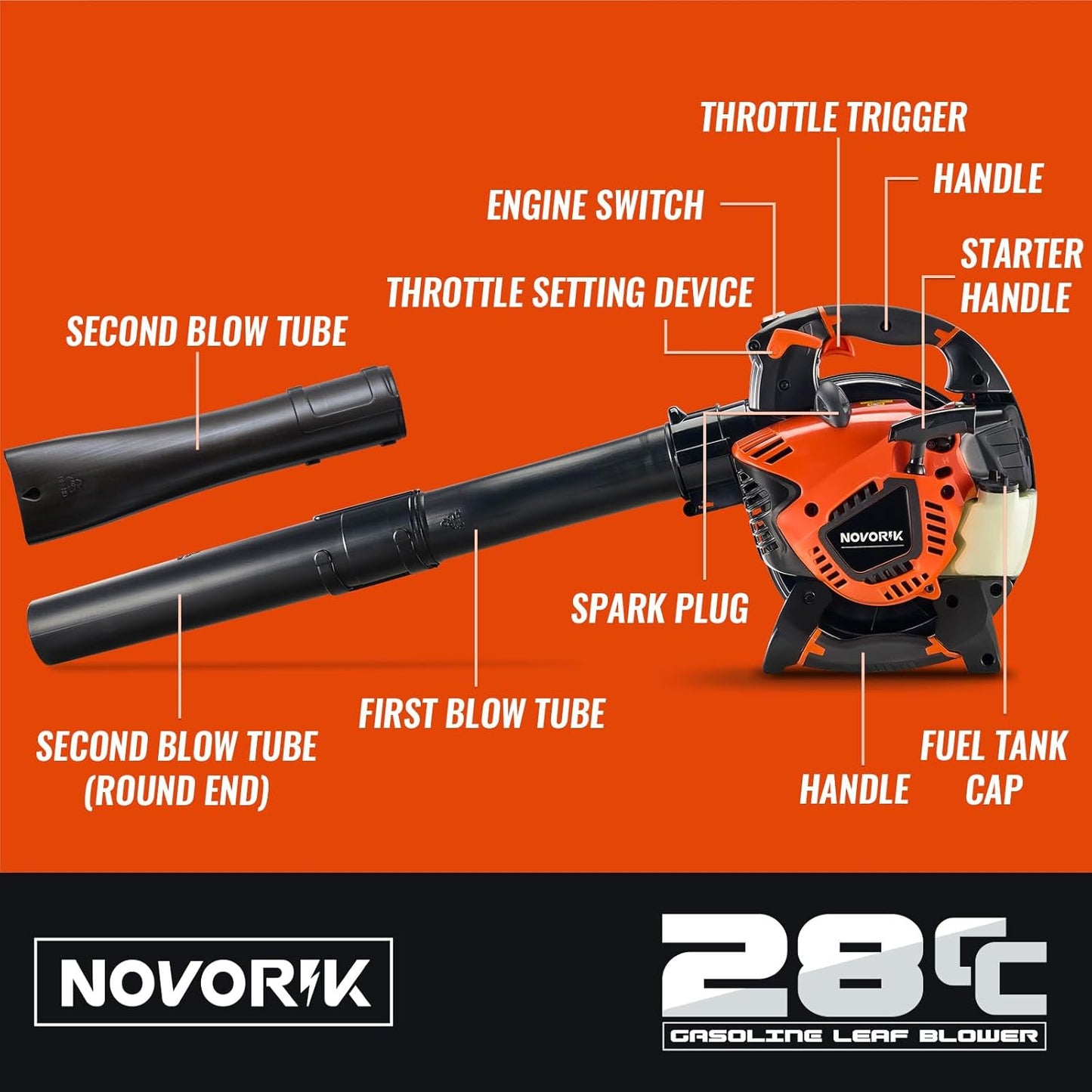28CC Gas Leaf Blower 450-CFM 160-MPH, 2-Cycle Handheld Leaf Blower for Lawn Care, Leaf Cleaning, Snow Removal (Orange)