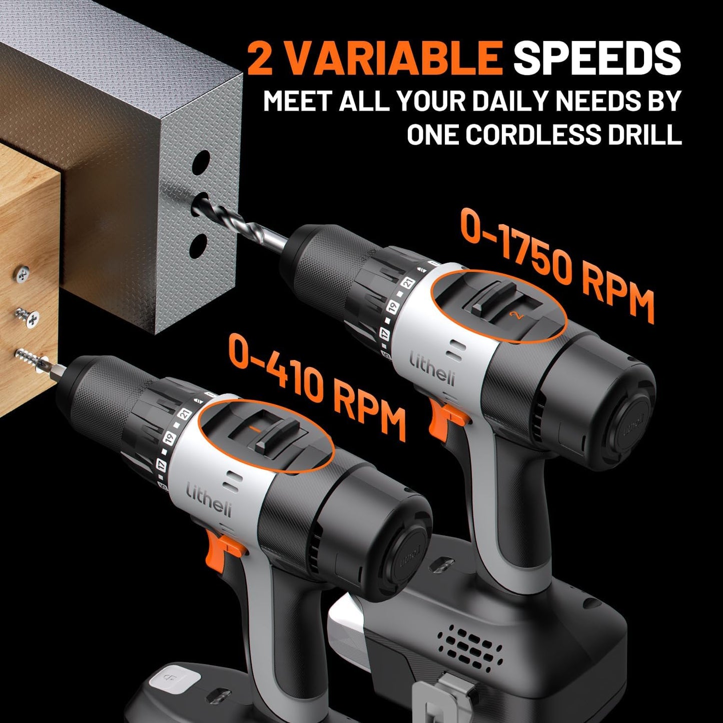 Litheli Cordless Drill Driver, Electric Power Drill with 2 Variable Speed Settings, 1/2 Inch Keyless Chuck, 21+1 Clutch Settings with Maximum Torque of 443 In-lbs (Battery and Charger not Included)