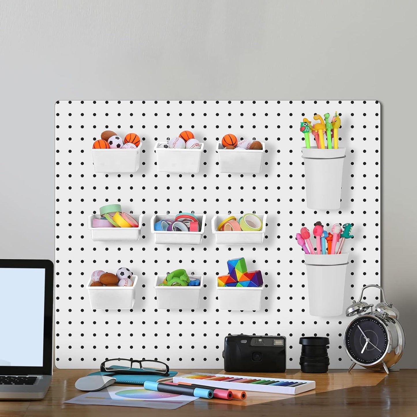 Yookeer 20 Pcs Pegboard Bins and Cups with Hooks and Loops Peg Assortment Organizer Accessories Various Tool Organizer Pegboard Baskets Set for Garage Workshop Workbench Office(White)