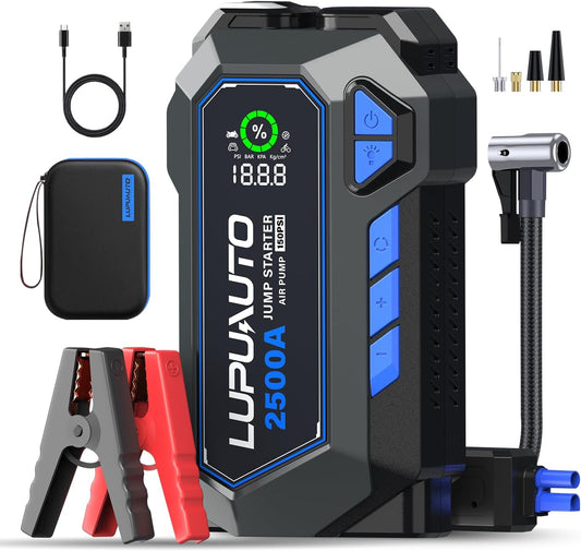 2500A Portable Jump Starter, Car Battery Jump Starter with Air Compressor, USB-C Power Bank Charger, Jumper Cables for up to 7.5-Liter Gas and 5.0-Liter Diesel Engines
