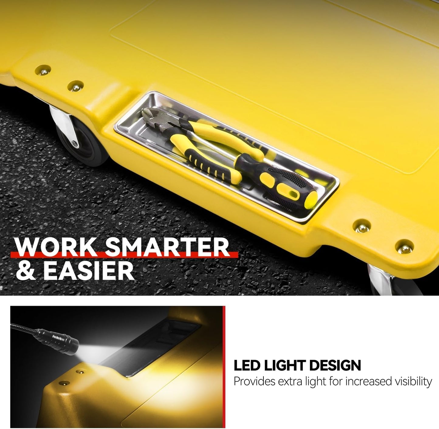 Auto Dynasty 40 Inches Mechanic Creeper, Automotive Garage Repair Low Profile Under Car Rolling Creeper with LED Light and Padded Headrest, Plastic, Yellow