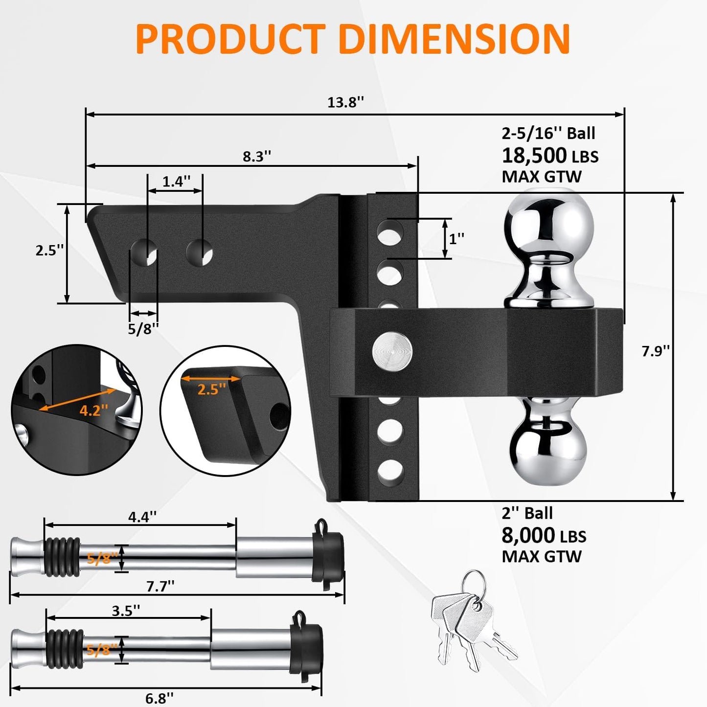 Adjustable Trailer Hitch-Drop Hitch Fits 2.5-Inch Receiver -6" Drop/Rise Tow Hitch with 2" and 2-5/16" Tow Balls-18,500GTW with Double Anti-Theft Pins Locks, Black