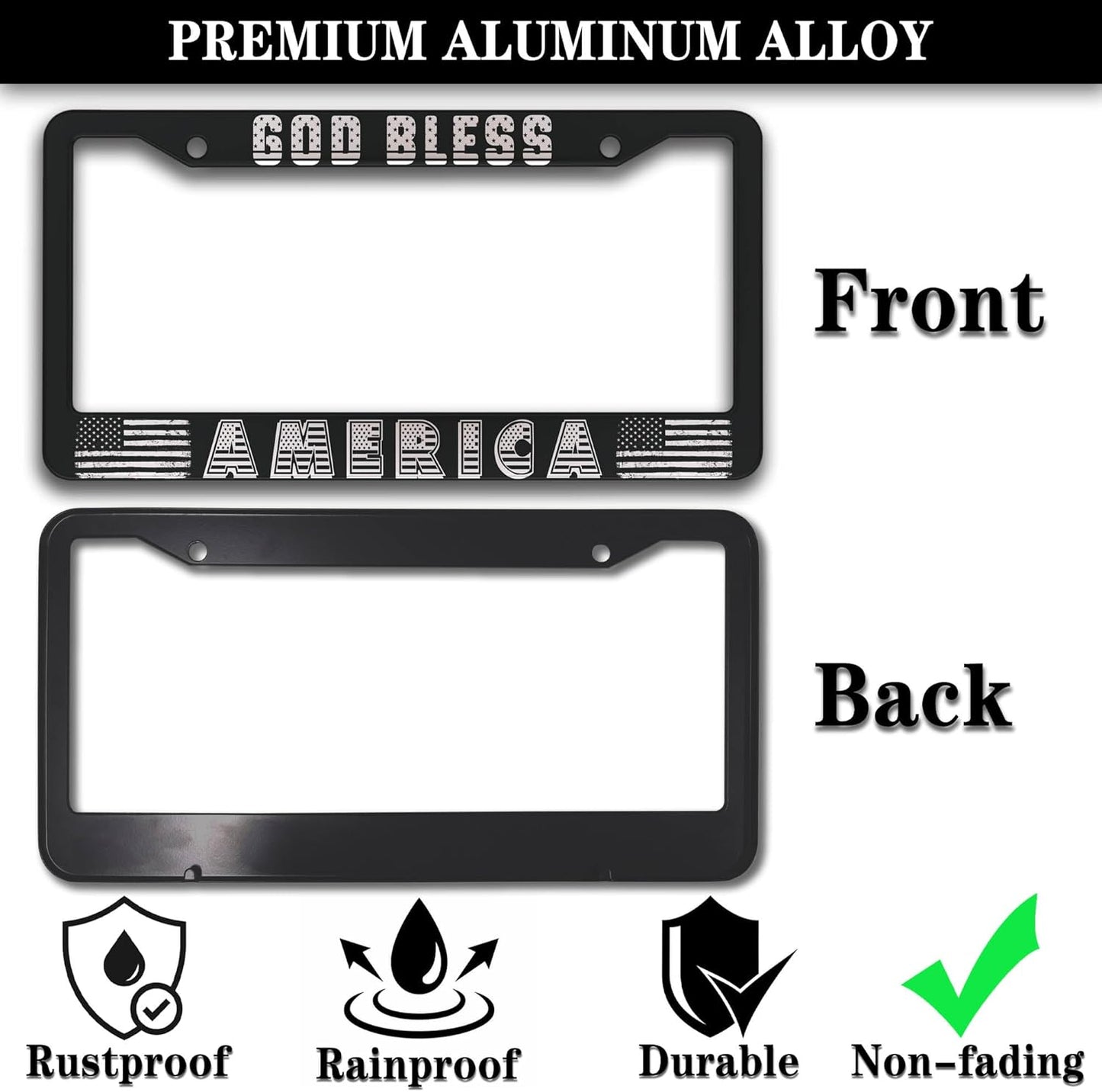 License Plate Frames Black and White License Plate Frame God Bless America Aluminum Metal Car Accessory 2 Pack with Screw Covers Set