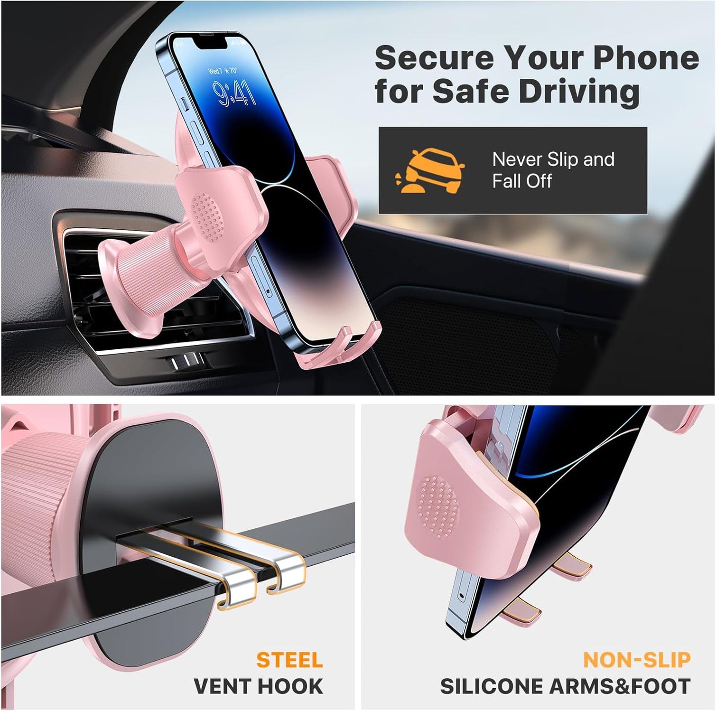 Miracase Phone Holders for Your Car with Metal Hook Clip, Cell Phone Mounts Air Vent Cell Phone Stand Car Mount, Universal Automobile Cradle Fit for iPhone Android and All Smartphones (Pink)