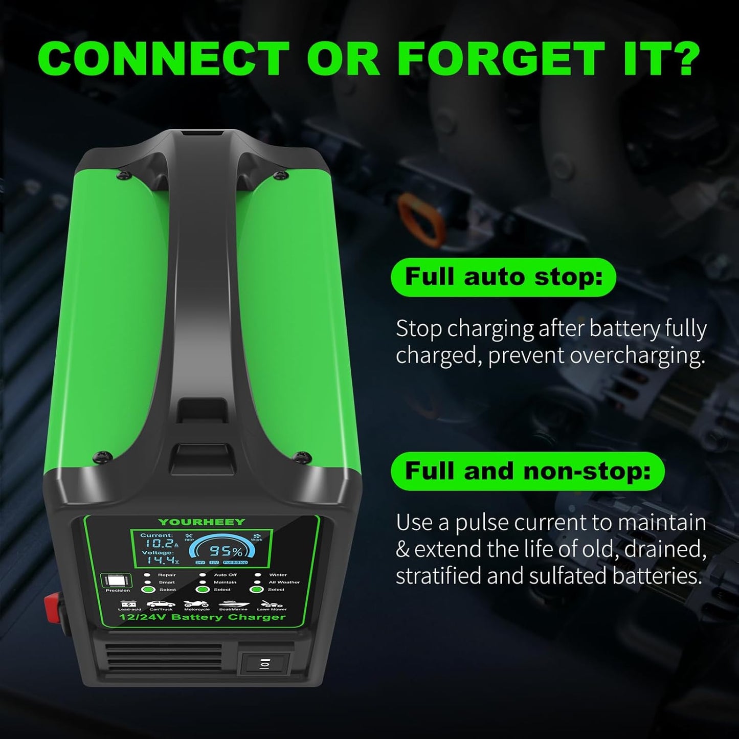 12V/24V Car Battery Charger Heavy Duty, 0-15A Automatic Battery Maintainer with Auto Shutoffs,Repair&Winter Mode,Fast/Slow Rates,Smart Trickle Charger and Desulfator,for Boat Motorcycle Lawn Mower