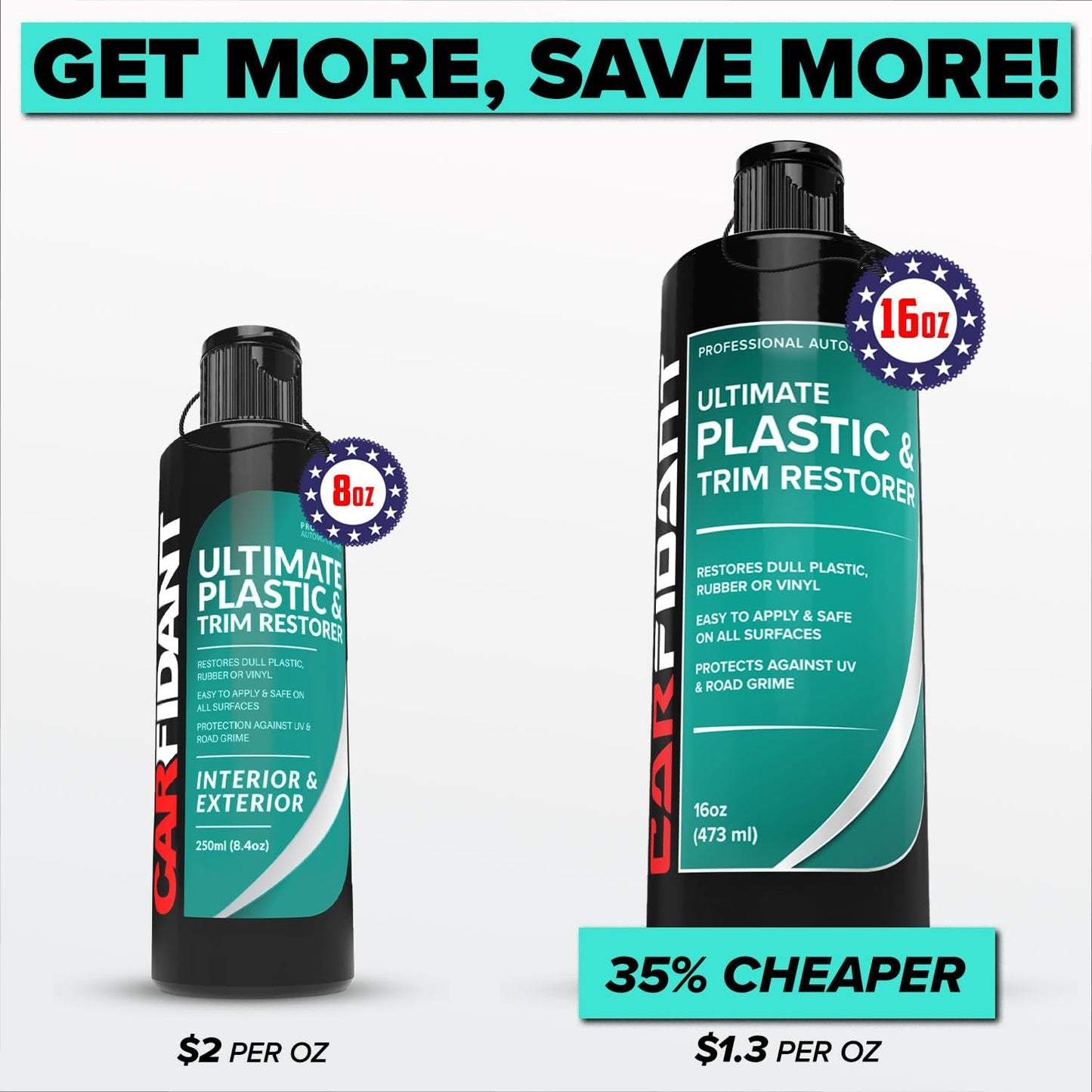 Carfidant Plastic Restorer for Cars – Refreshes Faded Plastic, Vinyl & Rubber Trim with Polish for Deep Shine – Protects Against UV & Dirt – Black Exterior & Interior Care for Detailing - 16 fl. Oz.