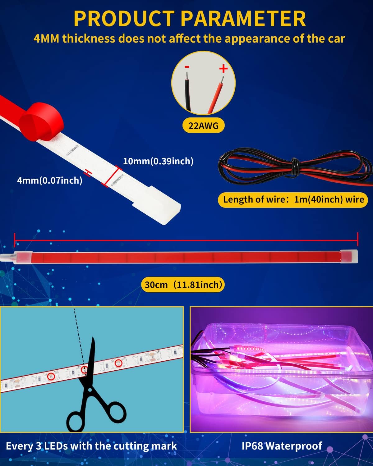 Car Led Strip Lights, Golf Cart Lights, 12V LED Strip Light for Truck Car Motorcycle Boat Marine RV Golf Cart Truck Trailer Cargo Home Led Strip Red,12inch(Pack of 4)