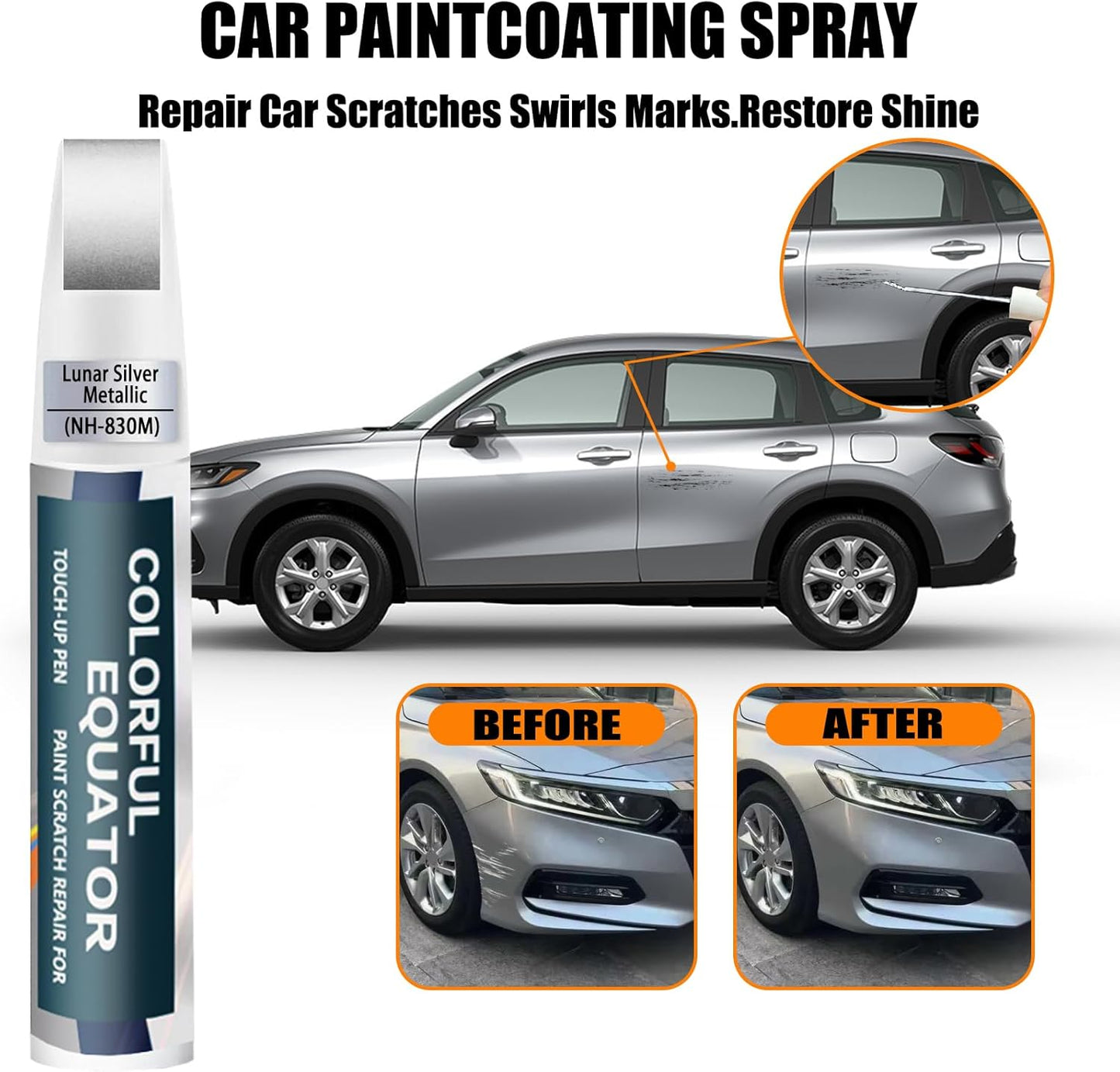 Lunar Silver Metallic(NH-830M) Touch Up Paint Compatible with Honda, Car Paint Pen Scratch Repair Two-In-One Touch Up Paint, Premium Car Scratch Remover for Deep Scratches