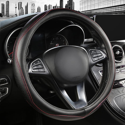 High-Grade Real Cowhide Steering Wheel Cover for Men Women，Black Genuine Leather Steering Wheel Cover for Cars,Universal 14.5-15 inch Steering Wheels