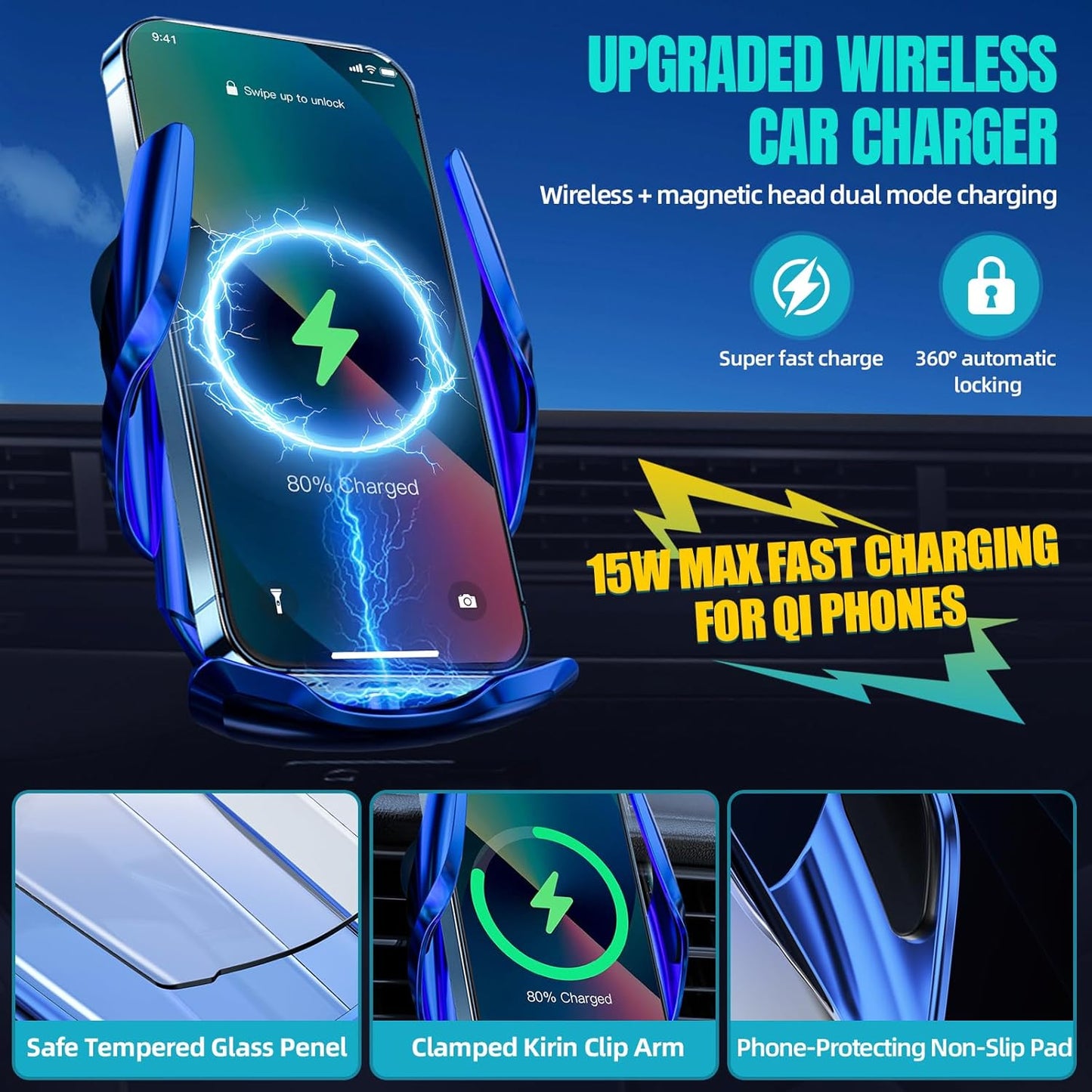 Wireless Car Charger, MAX 15W Fast Charging Auto Clamping, Sensing Phone Holder Mount, fit for iPhone 16 15 14 13 12 Pro Max Xs X, Samsung Galaxy S24 Ultra S23 S22 S21 S20 Note 20 (3-Blue)