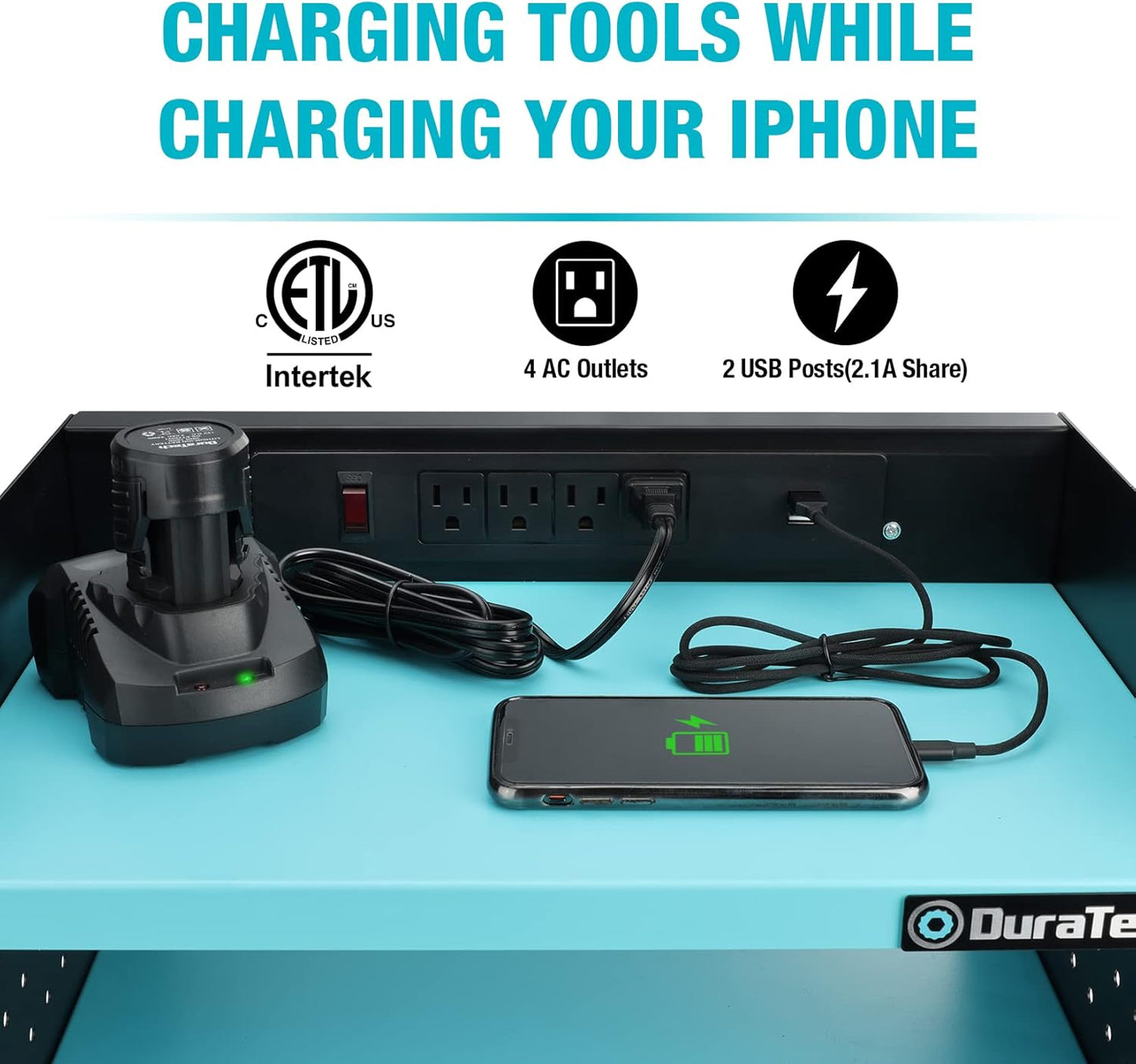 DURATECH Power Tool Organizer Wall Mount with Power Strip, Carbon Steel, Blue, 16.8in Width, 10.9in Depth, 14in Height