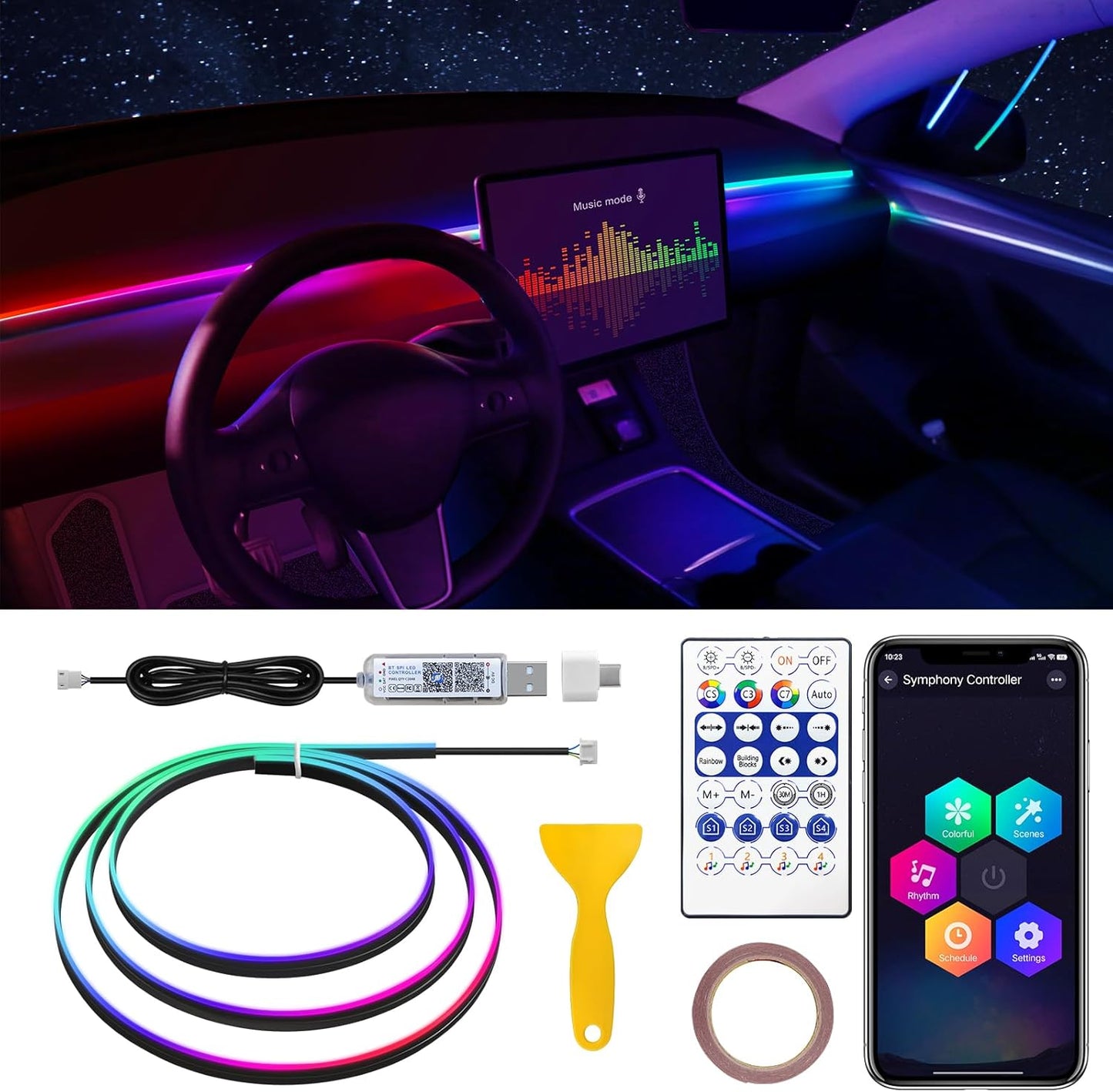 Dreamcolor Acrylic Interior Car LED Strip Light with USB/Type C, 43.3 inches Fiber Optic Ambient Lighting Kits, 16 Million Colors Sound Active Function Neon Accessories