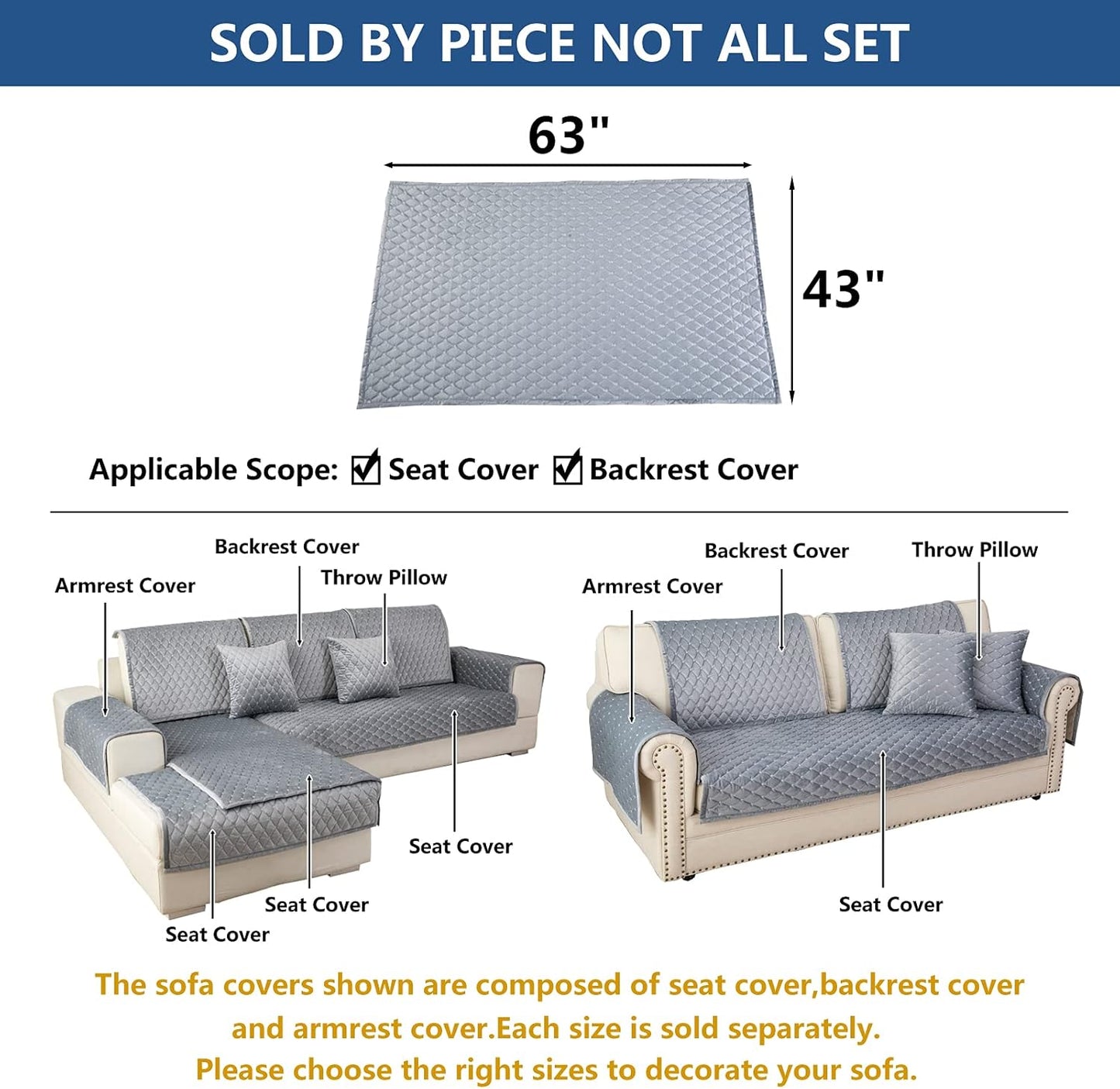 Eismodra Couch Cover,Sectional Couch Covers,Sofa Covers for 3 Cushion Couch,Anti-Slip Sofa Slipcovers for Dogs Cats Kids Loveseat Recliner L Shaped Armrest,Light Gray 43''x63''(Only 1 Piece)