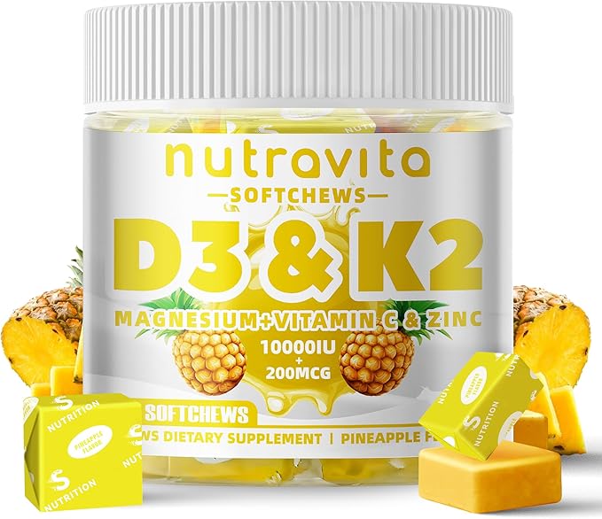 Sugar-Free Vitamin D3 K2 Chews with Calcium + K2 (MK-7), Magnesium Citrate, Vitamin C, Extra Strength - Ultimate Absorption for Bone Muscle Teeth Immune, Vegan - 60 Count-Pineapple Flavor