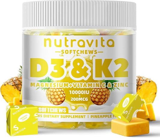 Sugar-Free Vitamin D3 K2 Chews with Calcium + K2 (MK-7), Magnesium Citrate, Vitamin C, Extra Strength - Ultimate Absorption for Bone Muscle Teeth Immune, Vegan - 60 Count-Pineapple Flavor