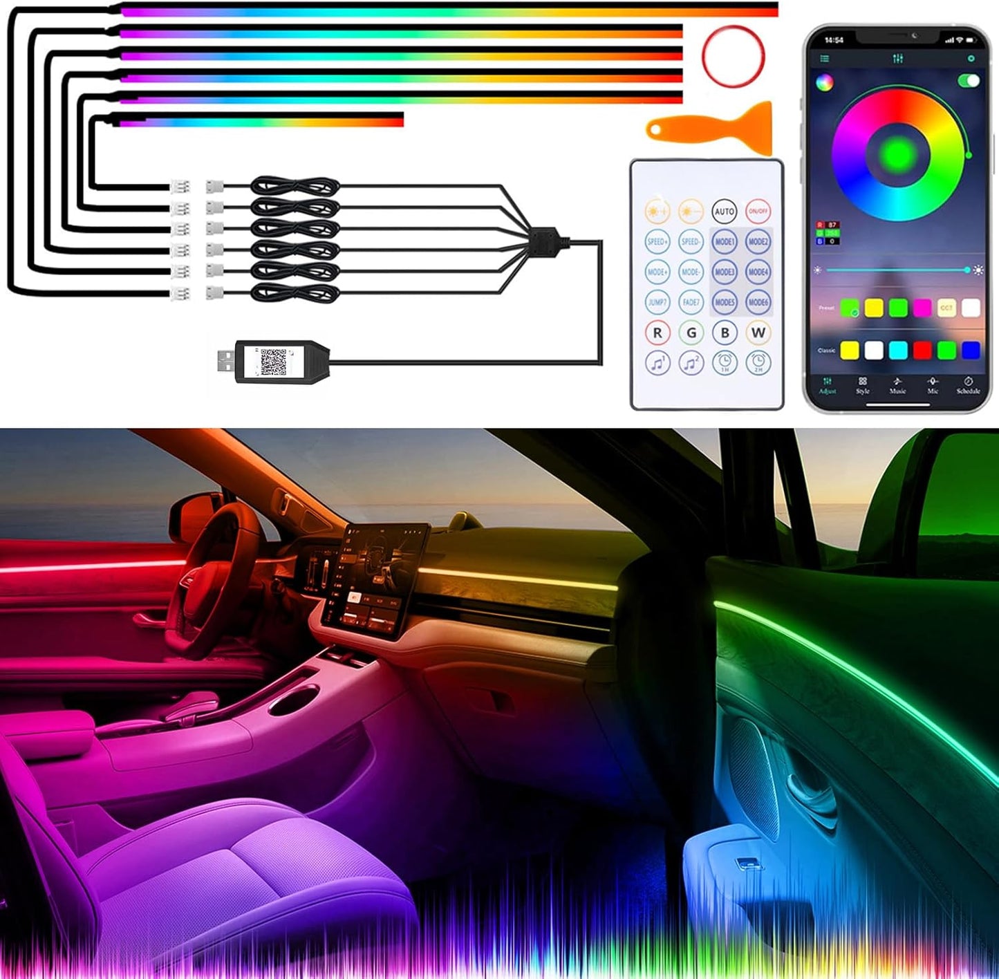 Acrylic Interior Car LED Lights with Wireless APP/Remote/Button Control, 6 in 1 Dreamcolor USB Car Ambient Lighting Kit 16 Million Colors Neon Strip Accessories for Vehicle Inside Decoration