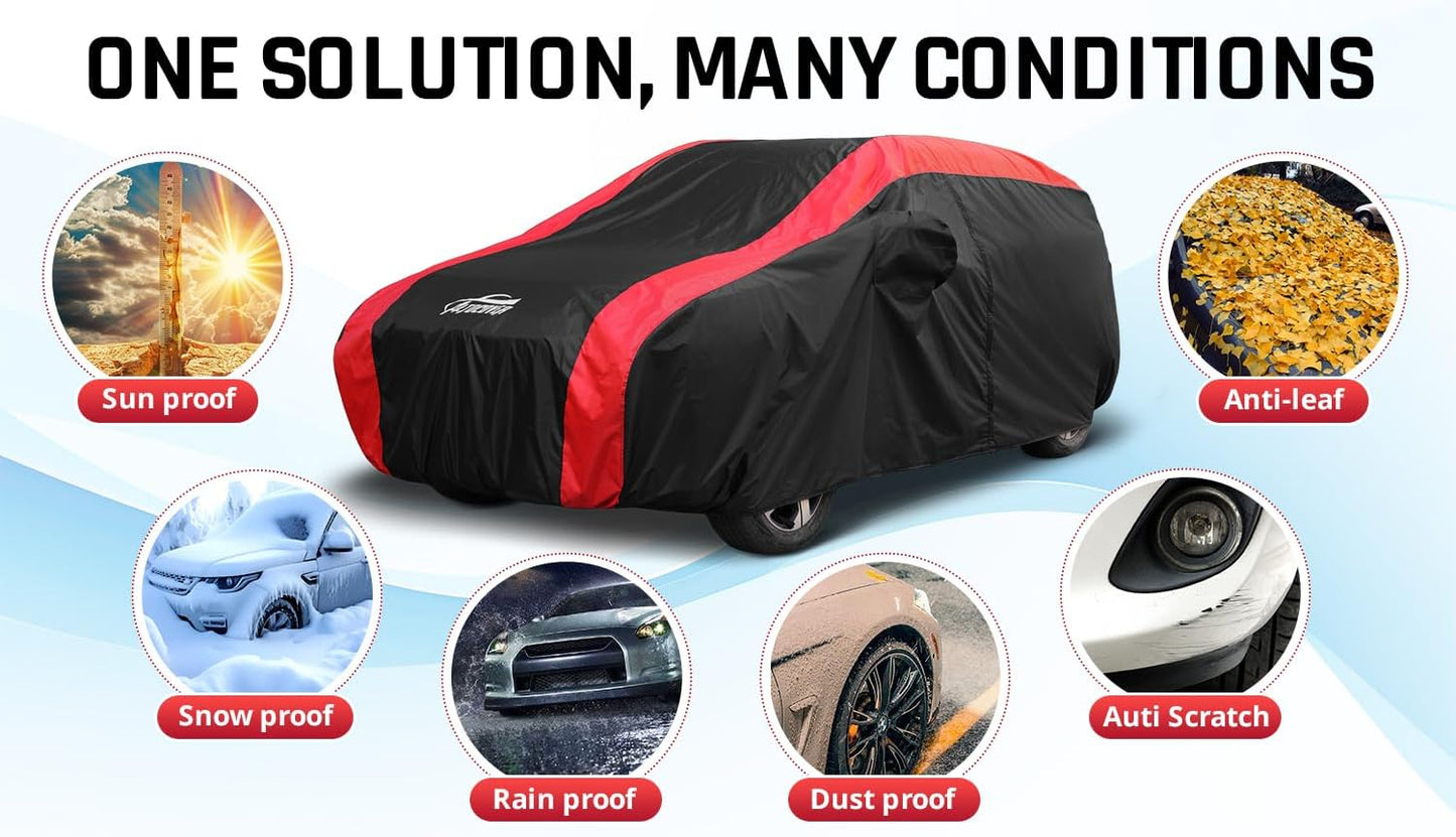 SUV Car Cover Waterproof All Weather Protection with Red Stripe Design,Universal Fit Toyota RAV4, Honda CRV, Tesla Model Y, Audi Q5, Nissan Rogue, Mazda CX-5, Kia Sorento,Hyundai Sante Fe