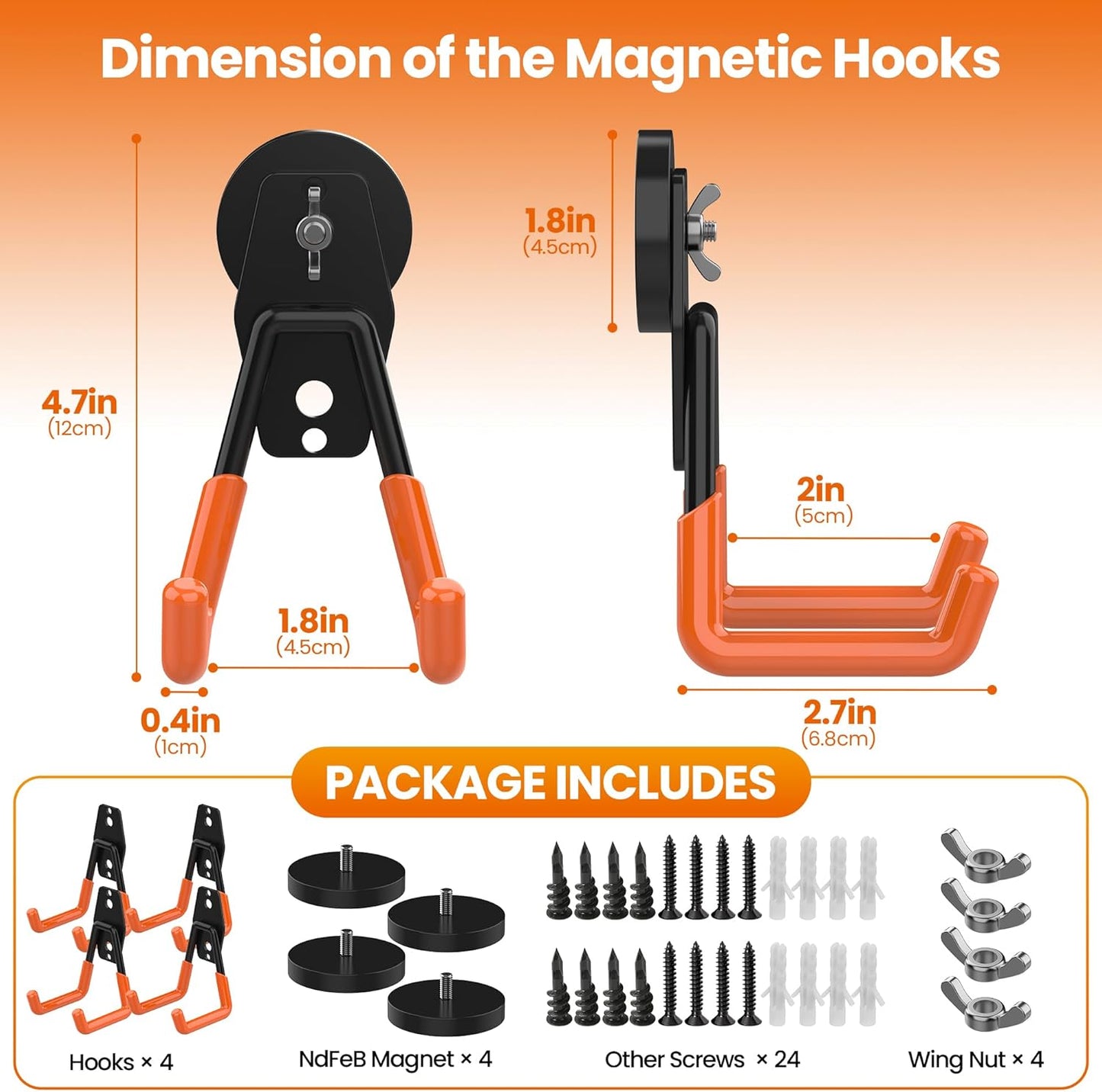4 Pack Large Heavy Duty Magnetic Hook Extra Strong Magnetic Garage Hooks Big NdFeB Industrial Magnet Hooks Magnetic Utility Storage Holder Organization with Anti-Slip Coating for Hanging Garden Tool