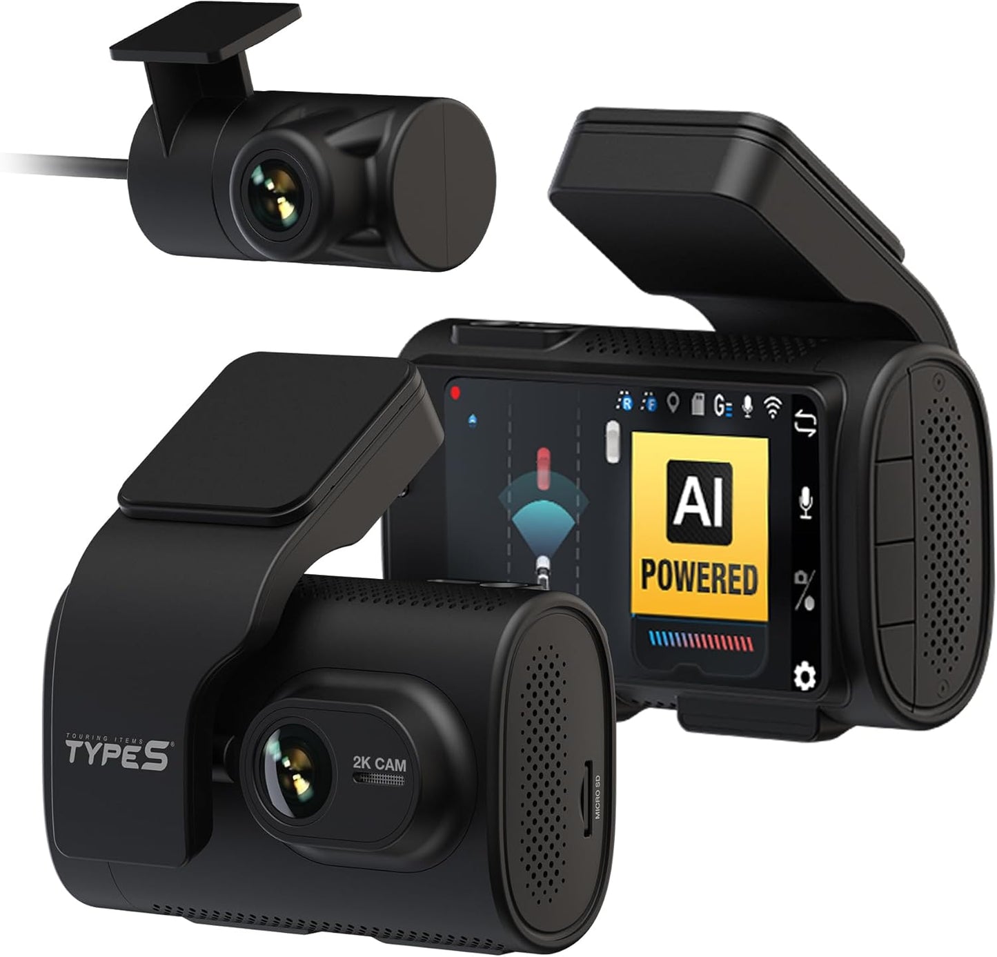 Type S T200 AI Driver Assistance Dash Cam Powered by ADAS, 1440p, Collision Alerts, Lane and Pedestrian Detection, Vehicle Departure Reminders, Front Rear 2 Channel Smart 24/7 Video Surveillance