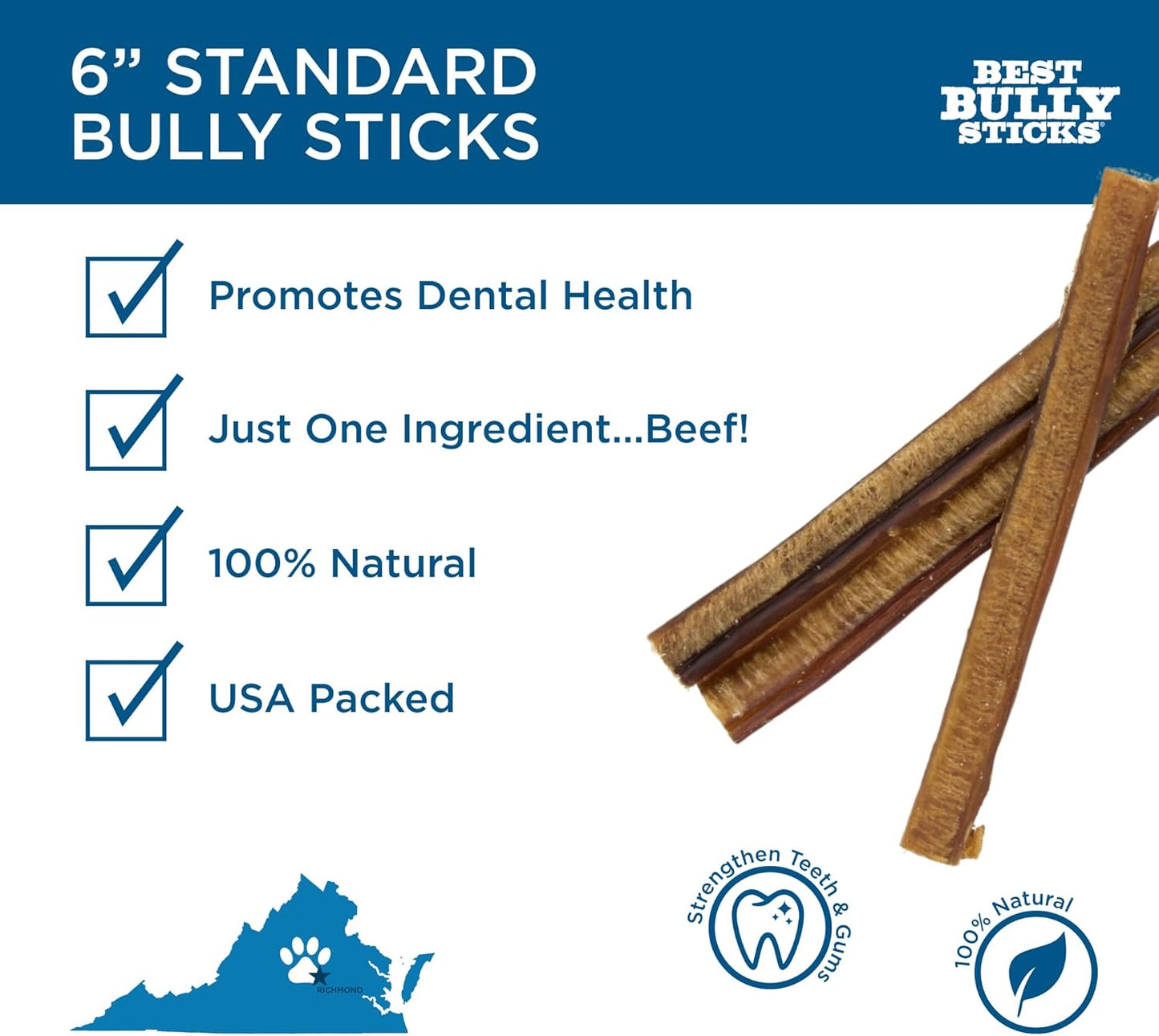 Best Bully Sticks 6 Inch Bully Sticks - 25 Count (Pack of 1) - Natural, Easily Digestible, 100% Grass-Fed, Grain and Rawhide Free