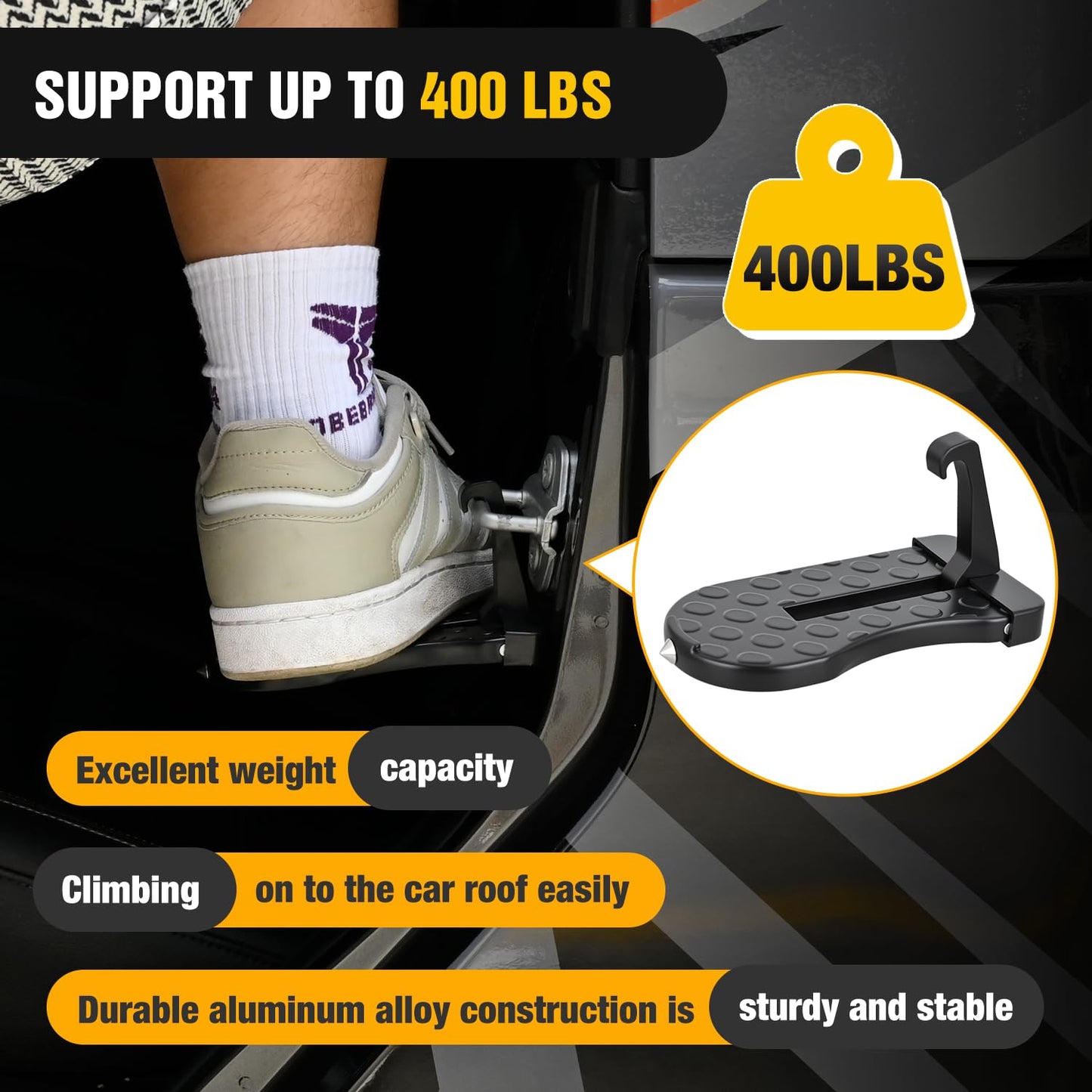 Nilight Car Door Step for Roof Access Universal Car Step Hook for Roof SUV Trucks Folding Aluminum Alloy Vehicle Door Latch Step Pedal with Glass Breaker Safety Hammer, Max Load 400lbs, 1 Pack Black