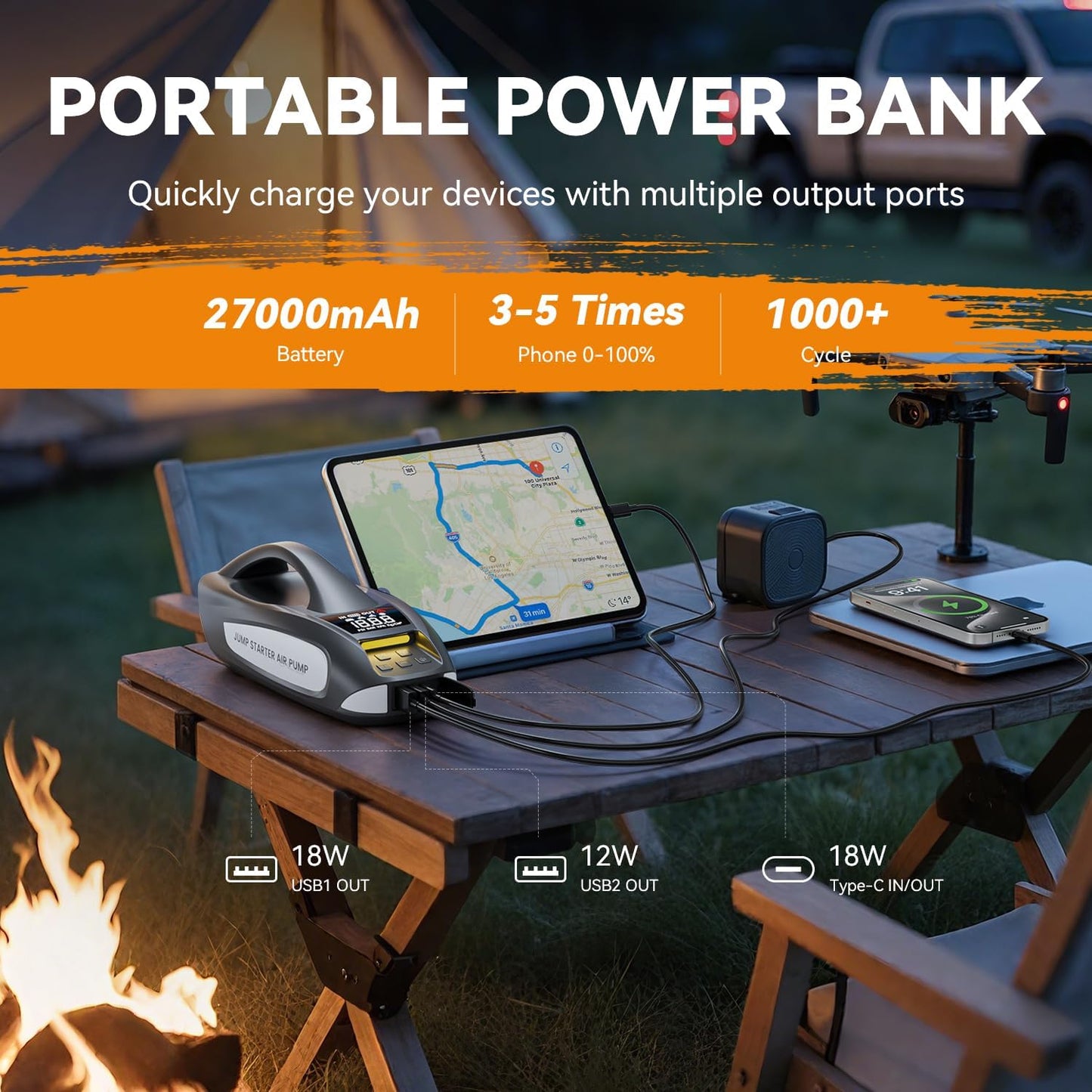 6000A Jump Starter with Air Compressor, 27000mAh 160PSI Portable Car Battery Jump Starter, 12V Battery Pack (All Gas 12L Diesel)