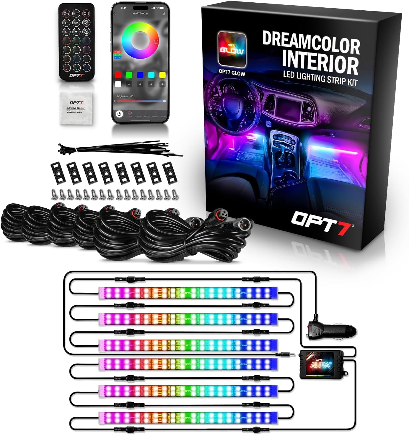 OPT7 Aura DreamColor RGB-IC Car Interior Ambient Light, 6PC Double Row LED Strips, Color Chasing Light Kit w/APP & Remote Control, Universal for Vehicles SUV Trucks Pickups Van