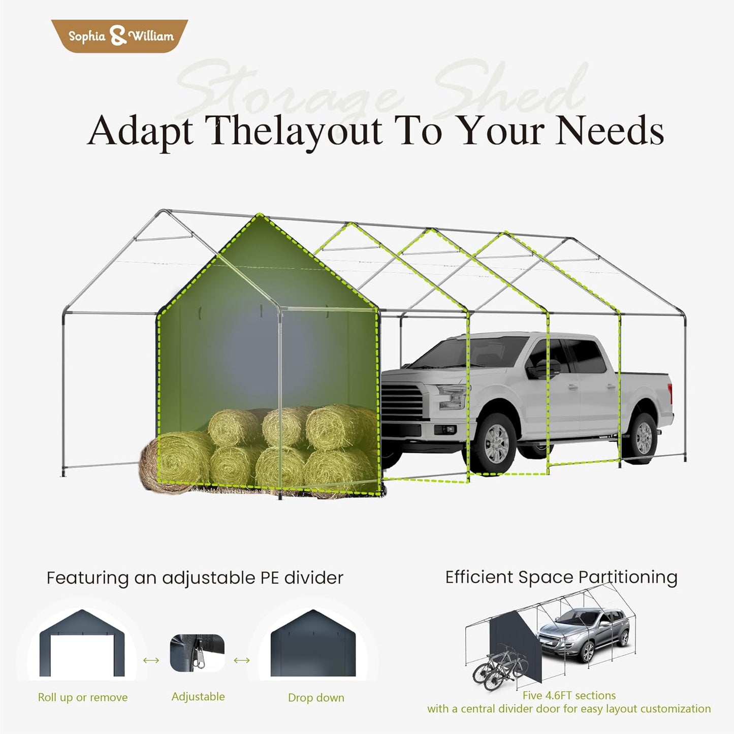 Sophia & William Carport Storage Shed 13x24 ft Portable, Heavy Duty Car Port Canopy Garage Shelter with Sidewalls and Roll Up Doors for Automobile Boat Motorcycle Bike, Gray