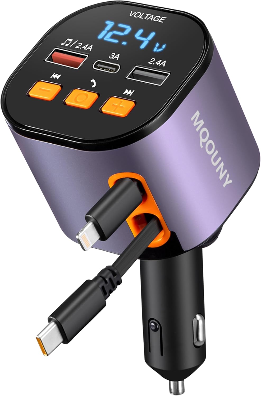 Retractable Car Charger,5 in 1 Fast Car Phone Charger 90W,Bluetooth 5.3 FM Transmitter Adapter,Handsfree Call,2 Retractable Cables and USB Cars Chargers for iPhone 15/14/13 (Purplr)