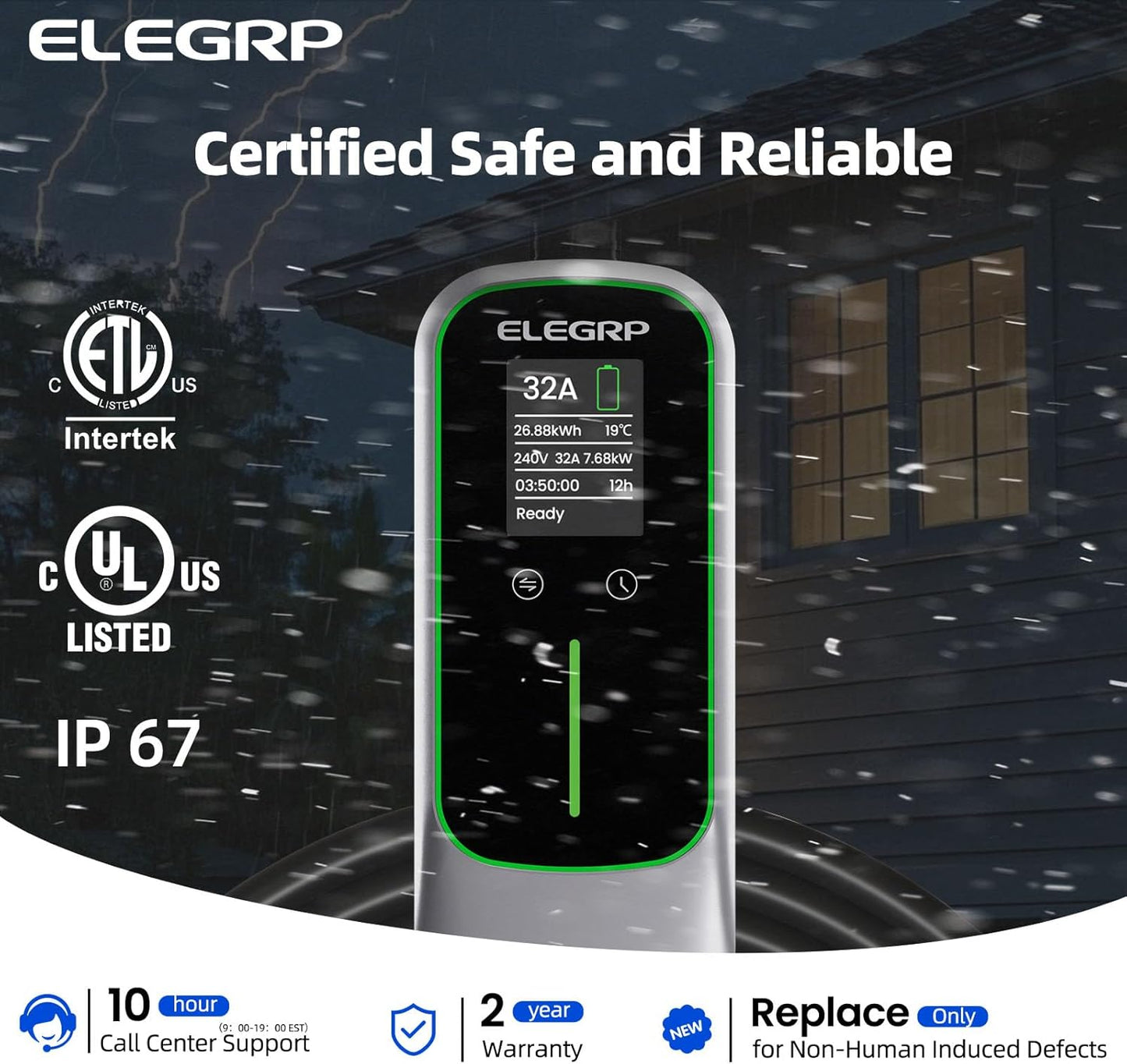 ELEGRP Level 2 EV Charger for Home, 32 Amp, ETL Certified, PBE & LCD Technology, 25ft J1772 Cable with NEMA 14-50 Plug, Plug and Play, 240V for BEVs/PHEVs