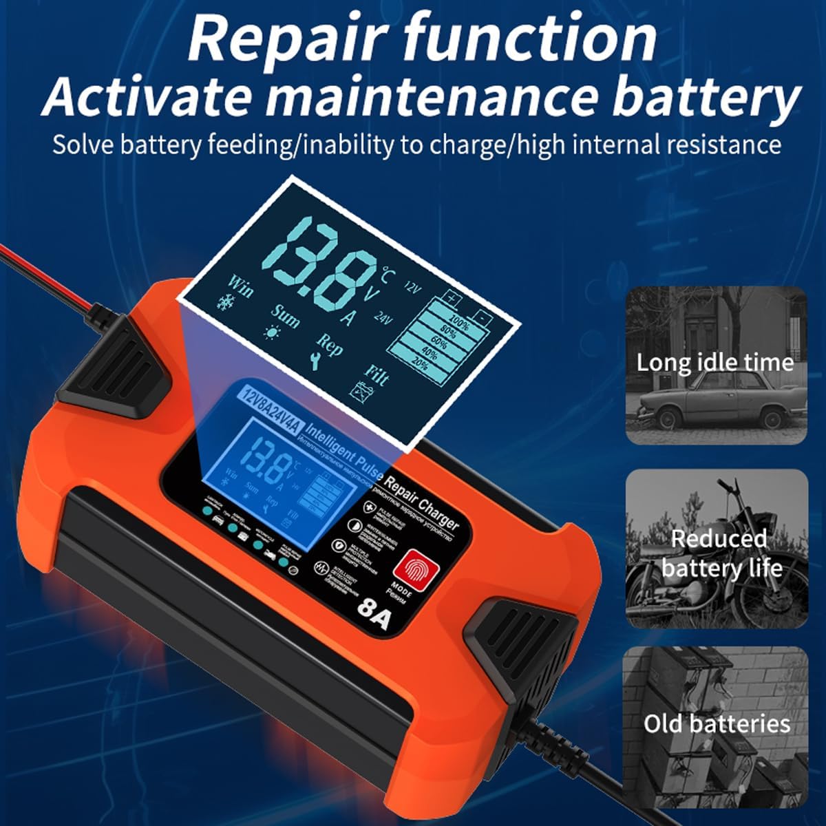ZiYiJuan 8-Amp Smart Car Battery Charger and Maintainer, 12V/24V Automatic with LCD Display