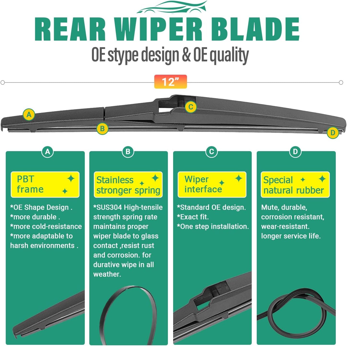 24" 17" 12" Windshield Wiper Blades Replacement for Toyota RAV4 2006 2007 2008 2009 2010 2011 2012 RAV 4 Premium All Weather Front Rear Wipers Set - OEM Quality (Pack of 3)